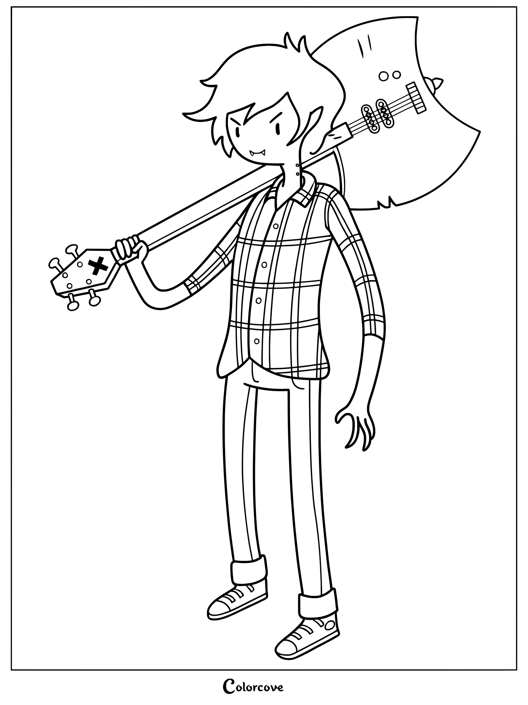Medium difficulty coloring page of Marshall Lee holding his signature axe bass guitar over his shoulder.