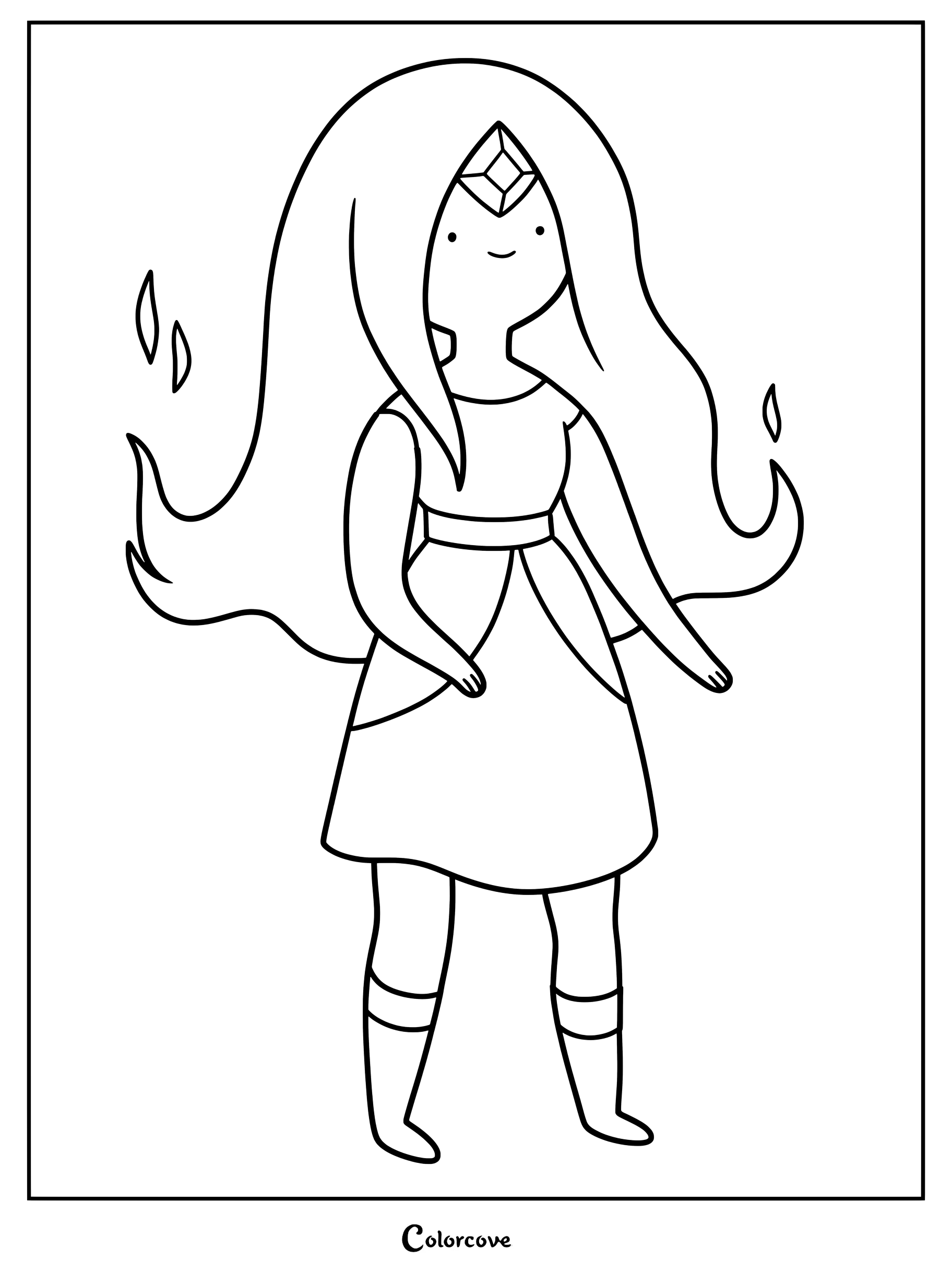 Simple coloring page of Phoebe the Flame Princess with her long flowing hair and forehead gem.