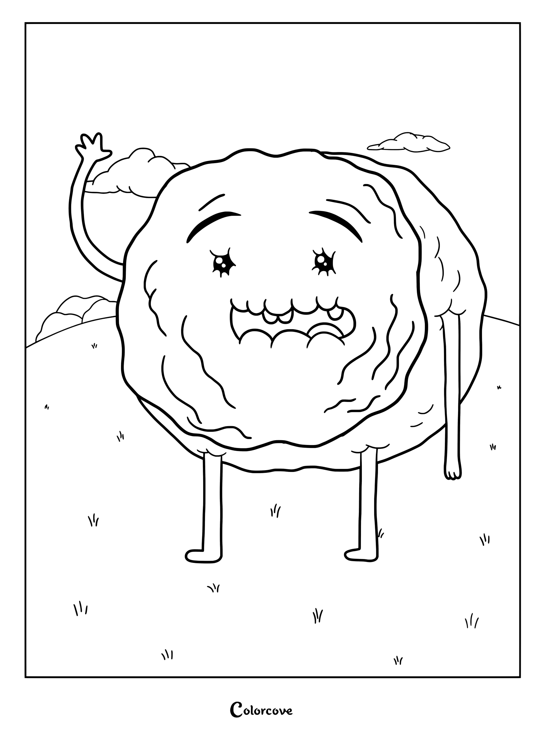 Simple coloring page of Cinnamon Bun waving in a grassy field under a cloudy sky.