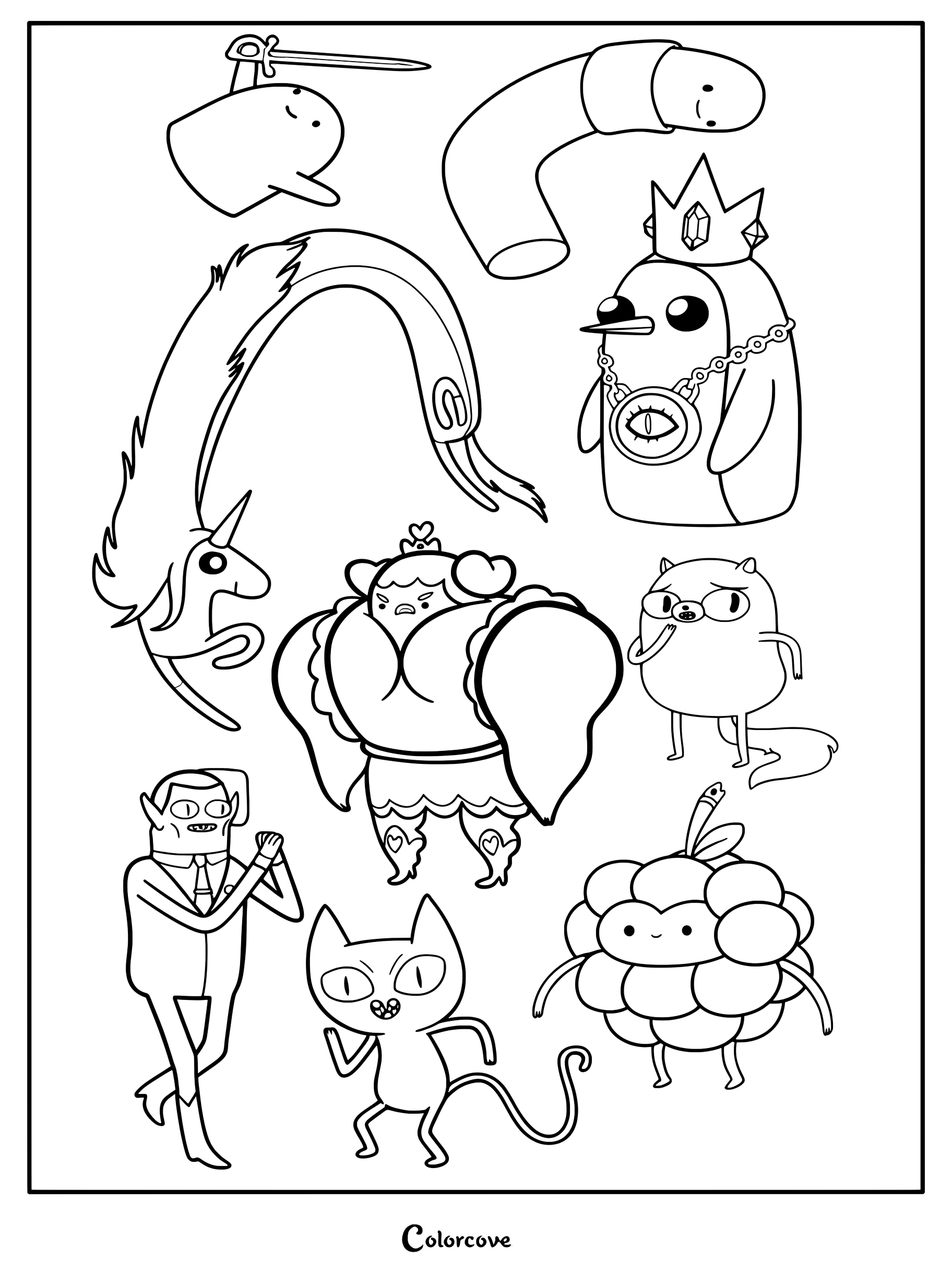 Detailed coloring page featuring Lady Rainicorn, Gunter, Muscle Princess, Cake the Cat, Hunson Abadeer, and more.