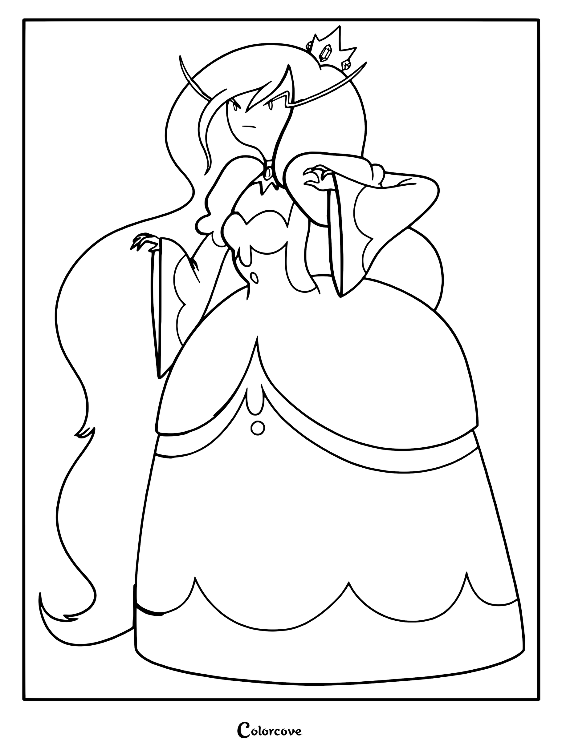 Medium difficulty coloring page of Ice Queen from Adventure Time wearing her signature blue gown and golden crown.