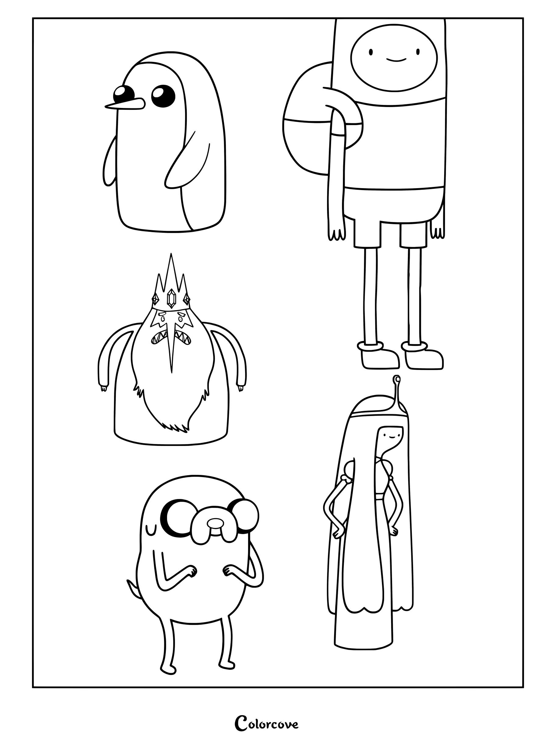 Simple coloring page featuring Finn the Human, Jake the Dog, Princess Bubblegum, Ice King, and Gunter the penguin.