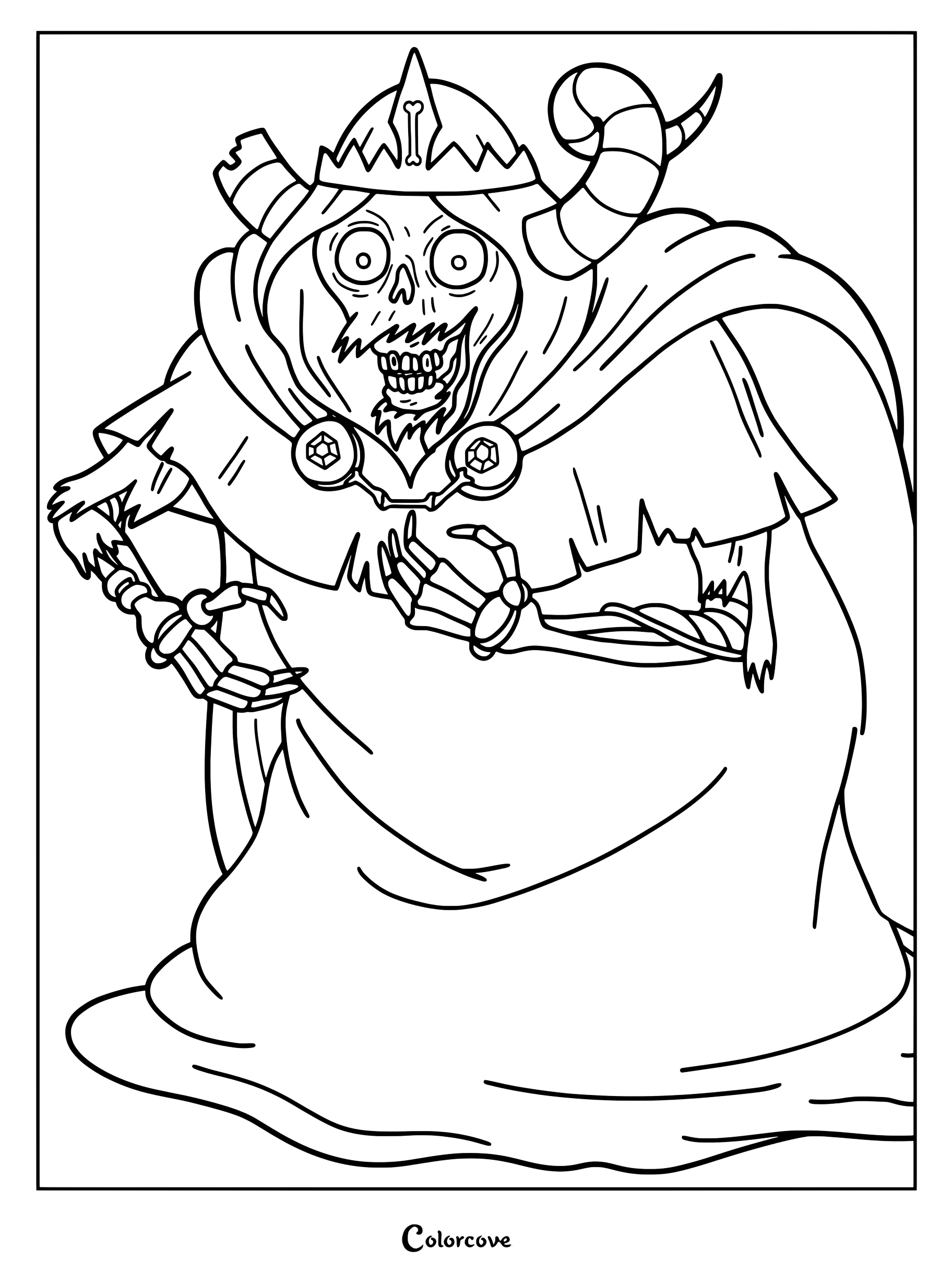 Detailed coloring page of The Lich from Adventure Time wearing his horned crown and tattered cloak.