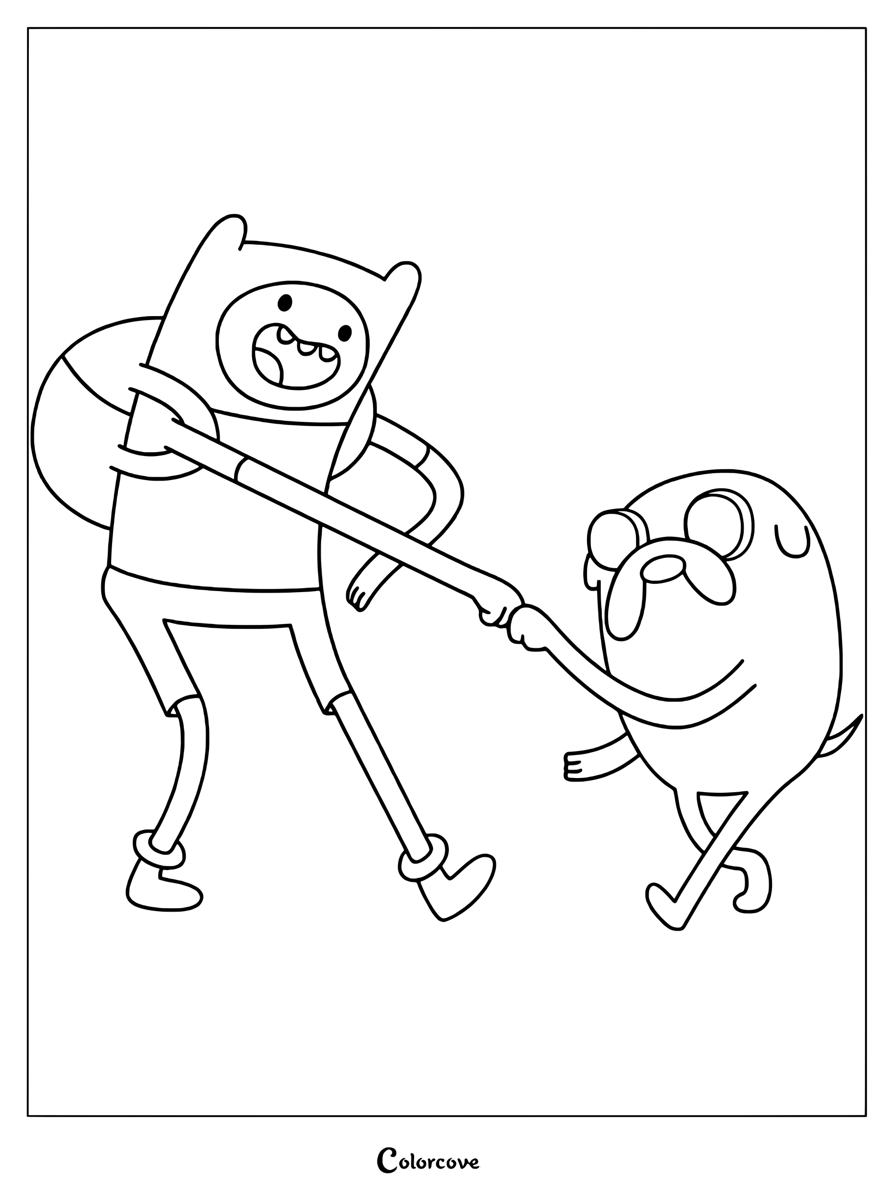 Simple coloring page of Finn the Human and Jake the Dog from Adventure Time fist bumping each other.