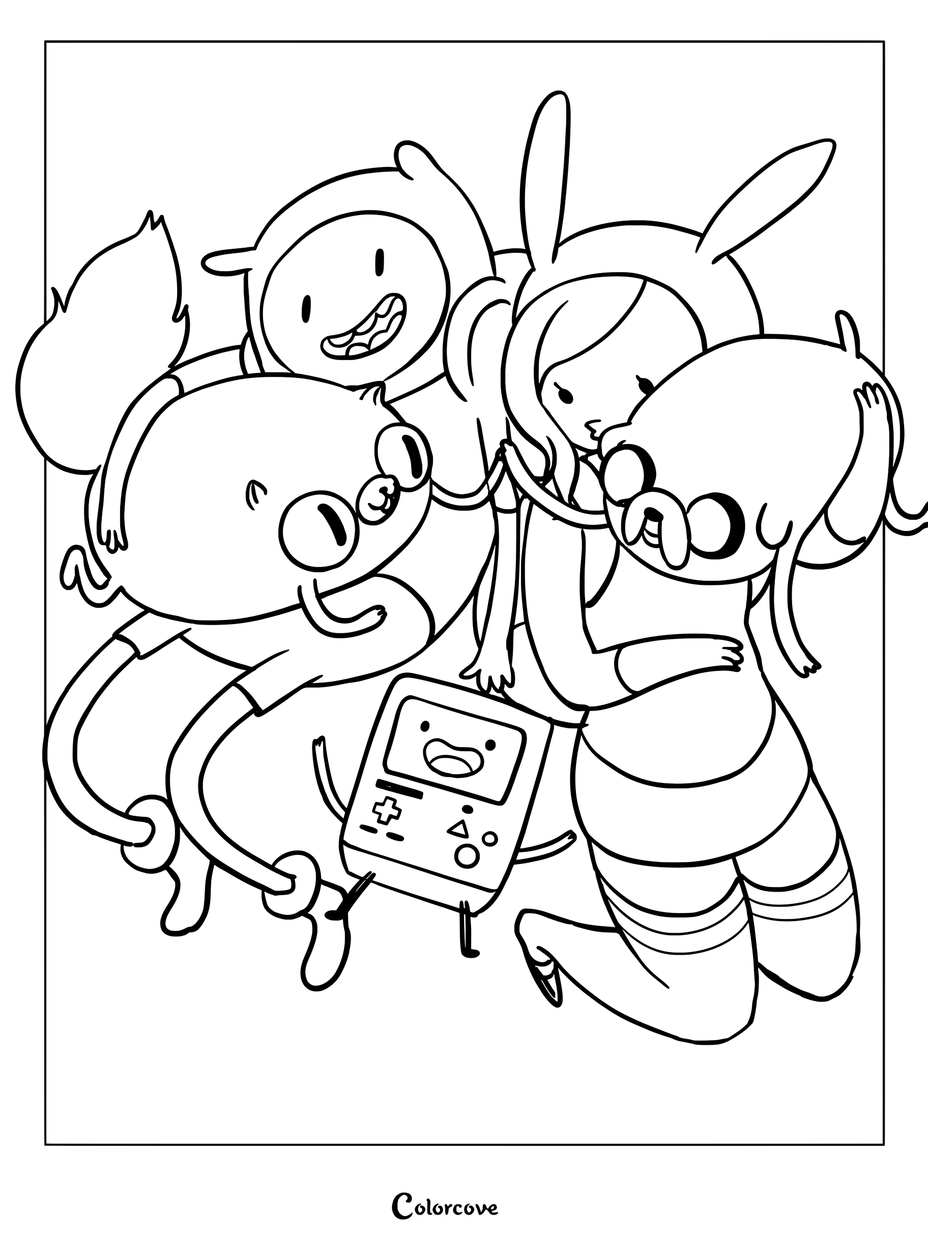 Medium difficulty Adventure Time coloring page featuring Finn, Jake, Fionna, Cake, and BMO in a happy group hug.
