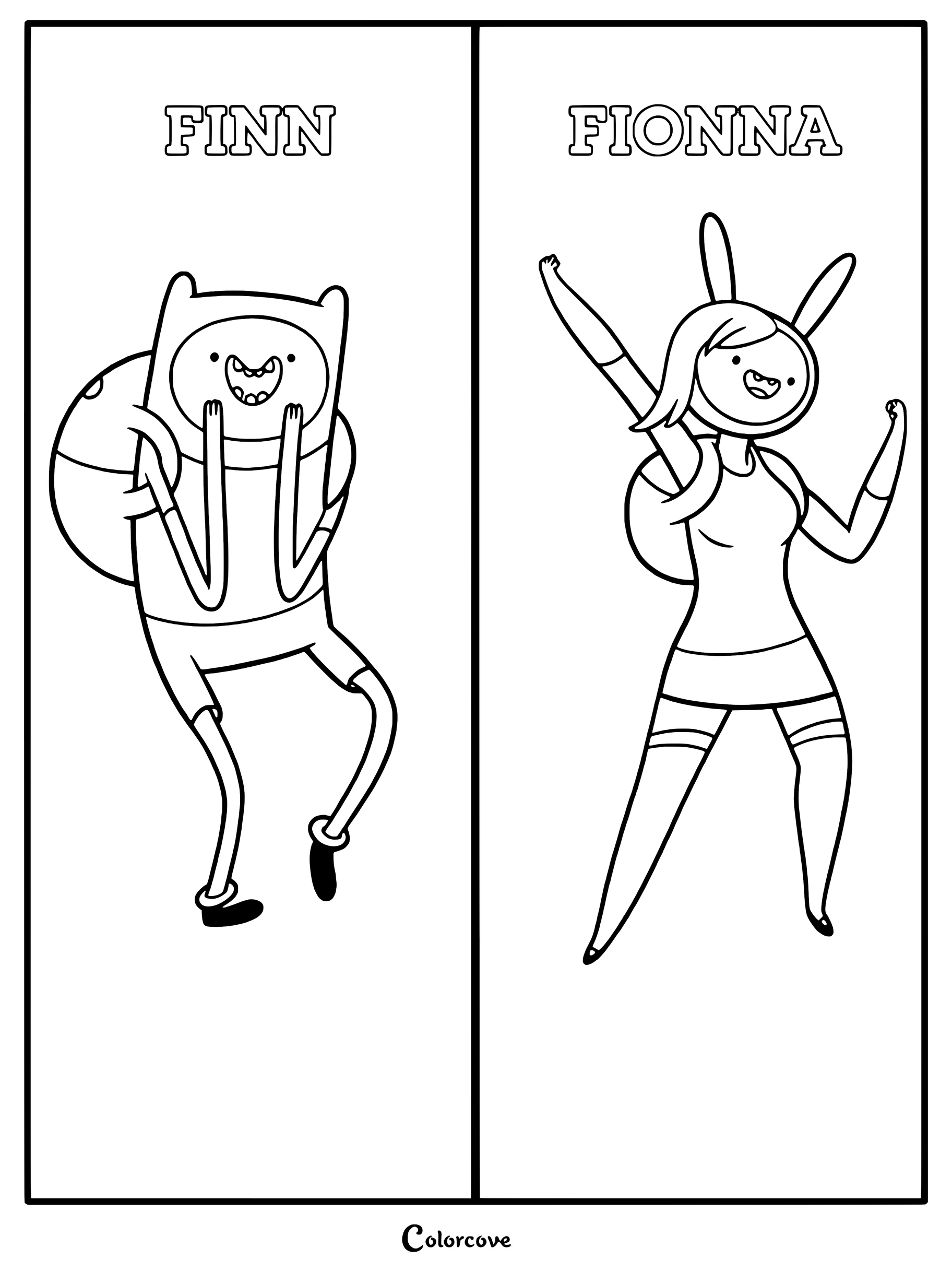 Simple coloring page featuring Finn and Fionna standing in separate panels with their names written above them.