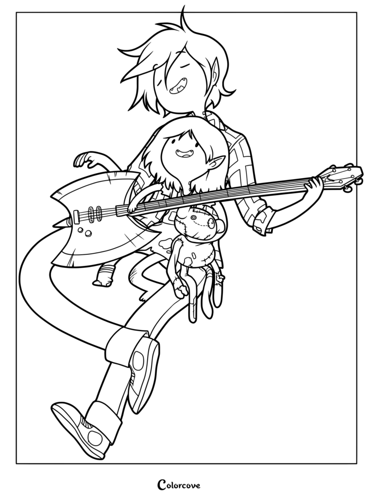Coloriage détaillé de Marshall Lee tenant une guitare avec la jeune Marceline et son ourson Hambo.