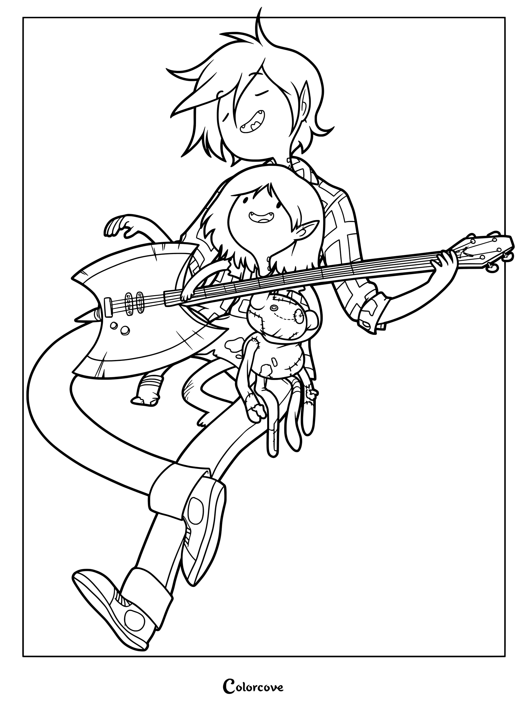 Detailed coloring page of Marshall Lee holding a guitar with a younger Marceline and her teddy bear Hambo.