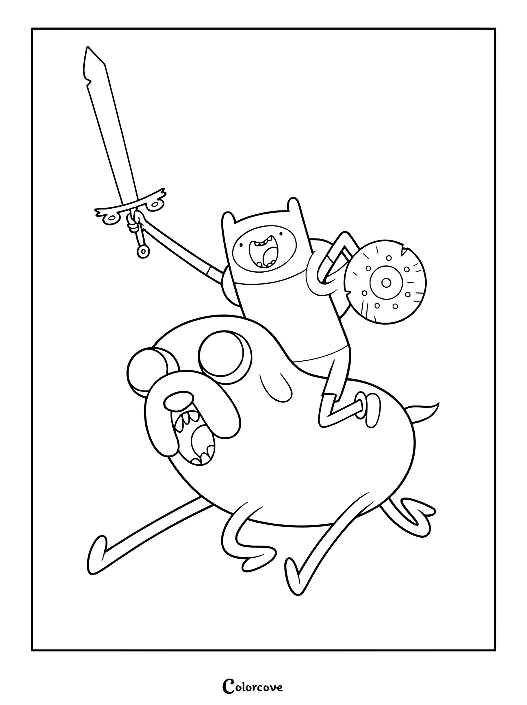 Finn the Human riding atop his magical dog companion, Jake, in a dynamic action pose on this medium difficulty coloring page.