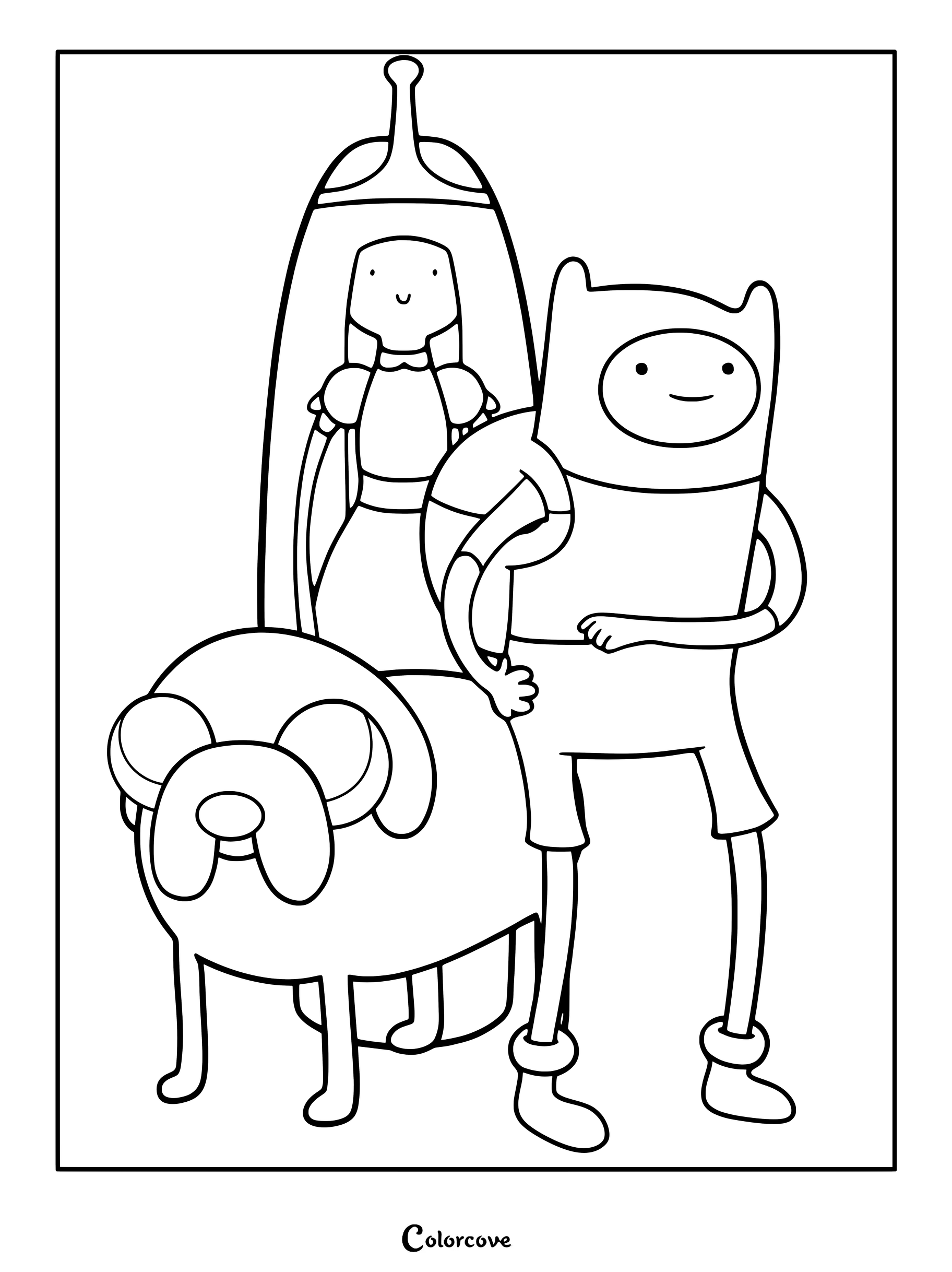 Simple Adventure Time coloring page featuring Finn the Human, Jake the Dog, and Princess Bubblegum standing together.