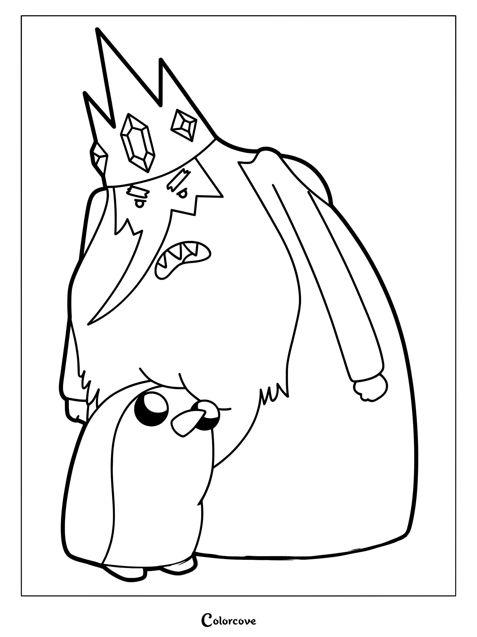 Simple coloring page of Ice King standing with his penguin servant Gunter from Adventure Time.