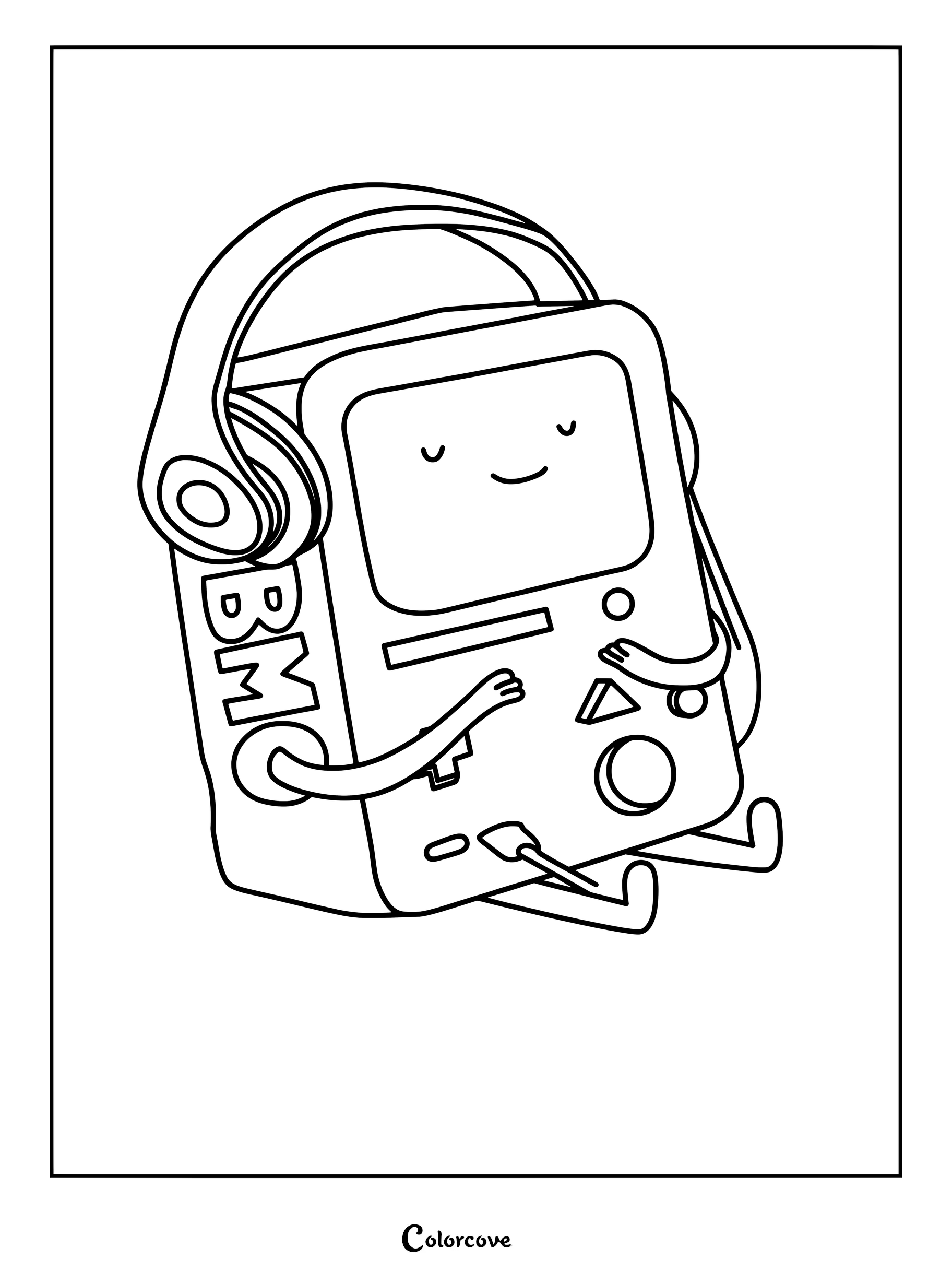 Simple coloring page of BMO from Adventure Time sitting and relaxing while wearing large headphones.