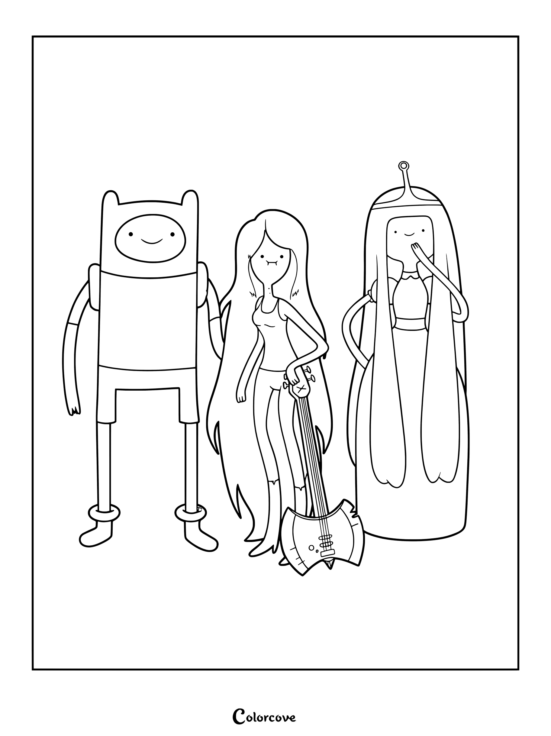 Simple coloring page featuring Finn the Human, Marceline the Vampire Queen with her axe bass, and Princess Bubblegum.