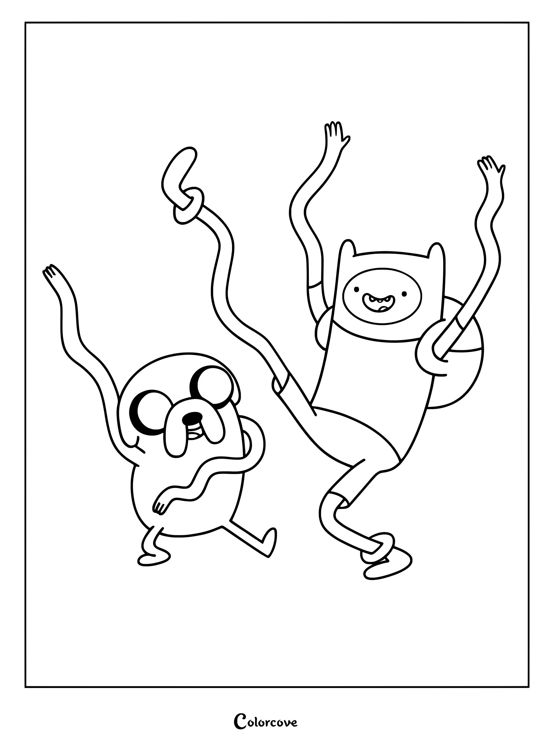 Simple coloring page of Finn the Human and Jake the Dog from Adventure Time dancing together with arms raised.
