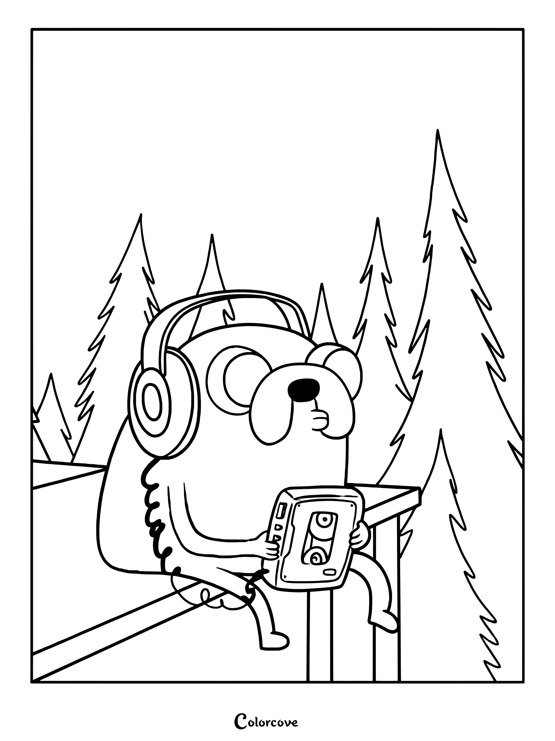 Medium difficulty coloring page of Jake the Dog wearing headphones and holding a portable cassette player in the woods.