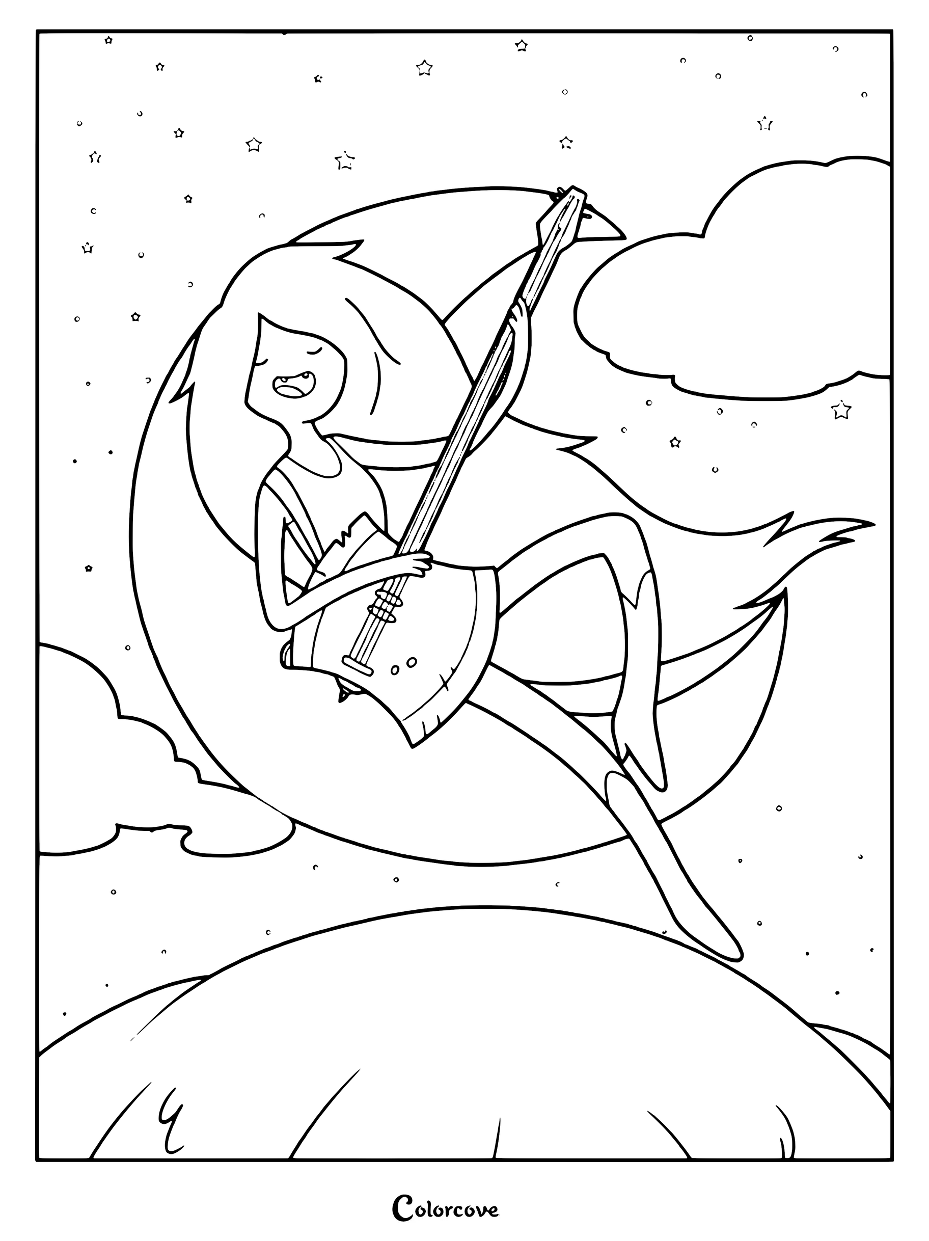 Detailed coloring page of Marceline the Vampire Queen playing her bass guitar while sitting on a crescent moon.