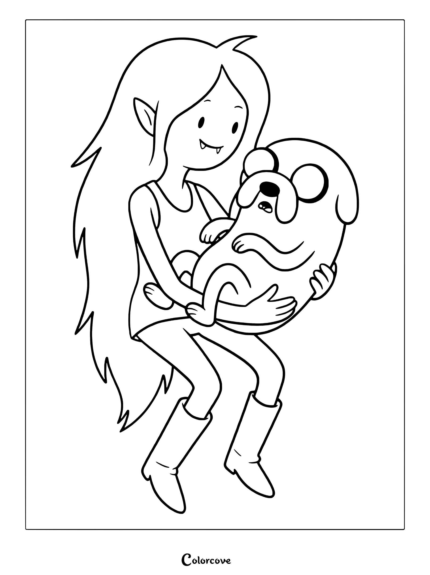 Simple coloring page of Marceline the Vampire Queen holding Jake the Dog from Adventure Time.