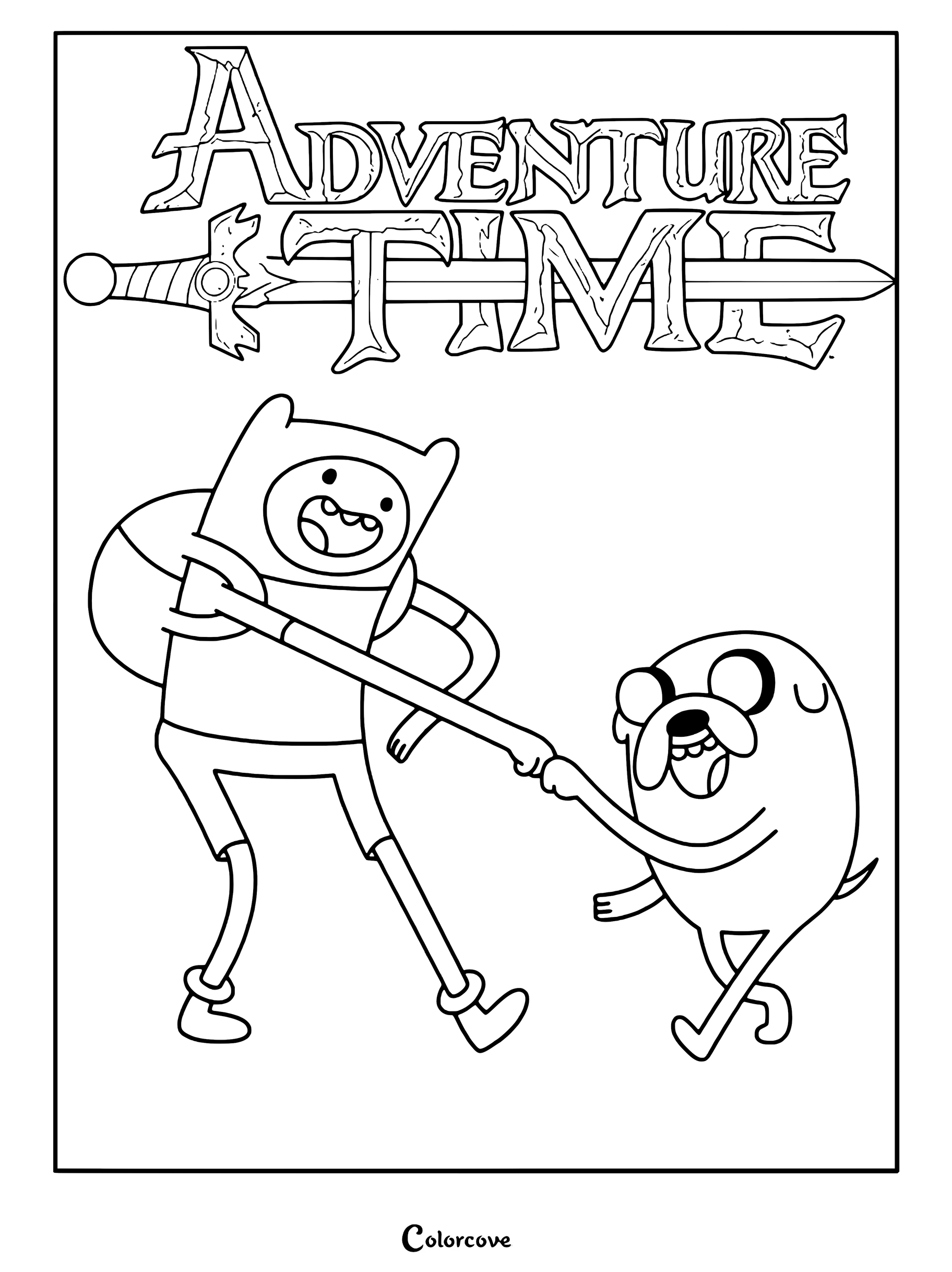 Simple coloring page of Finn the Human and Jake the Dog fist bumping under the Adventure Time logo.