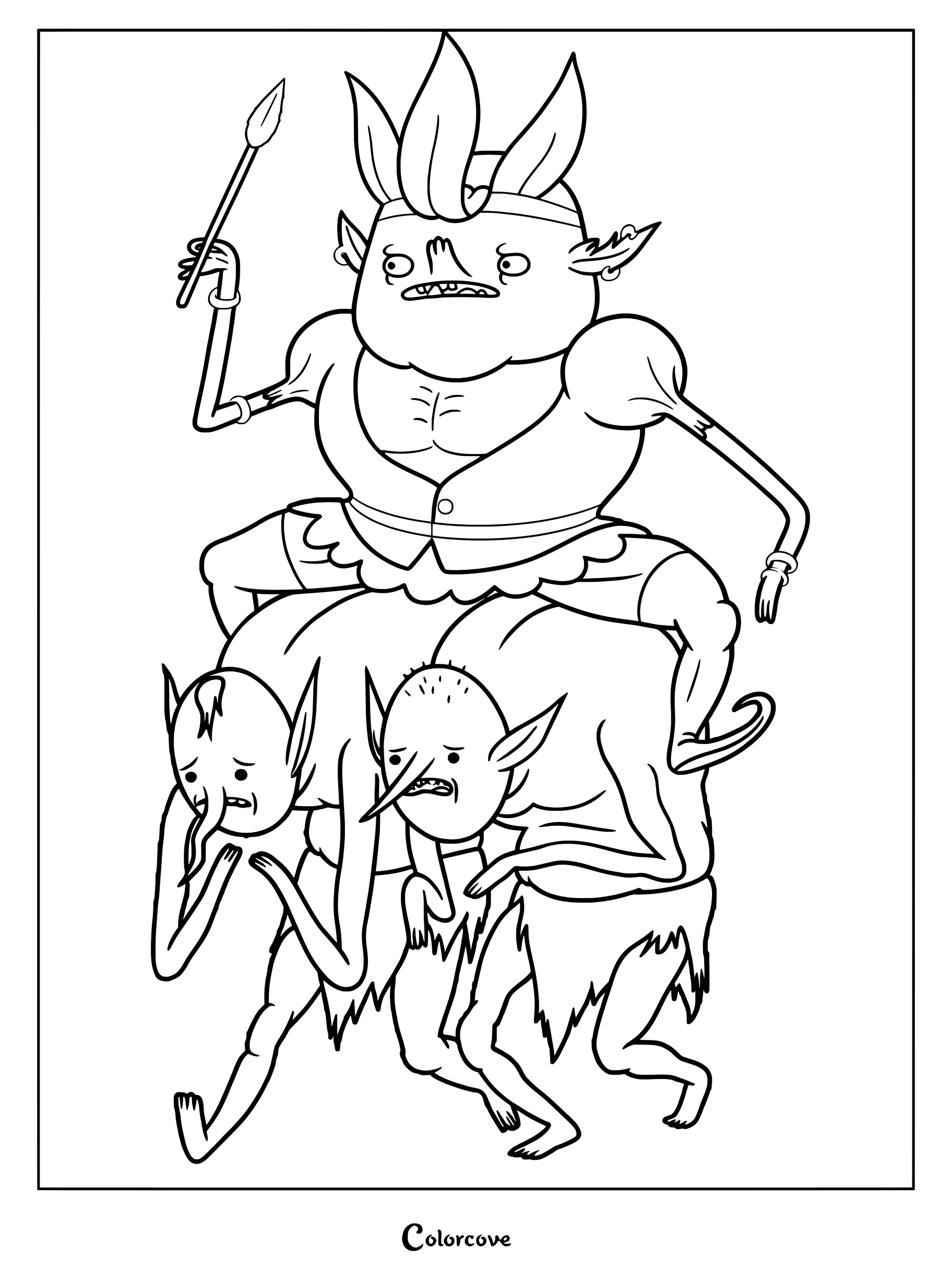Detailed coloring page of Xergiok, the former goblin king from Adventure Time, riding goblins while holding a spear.