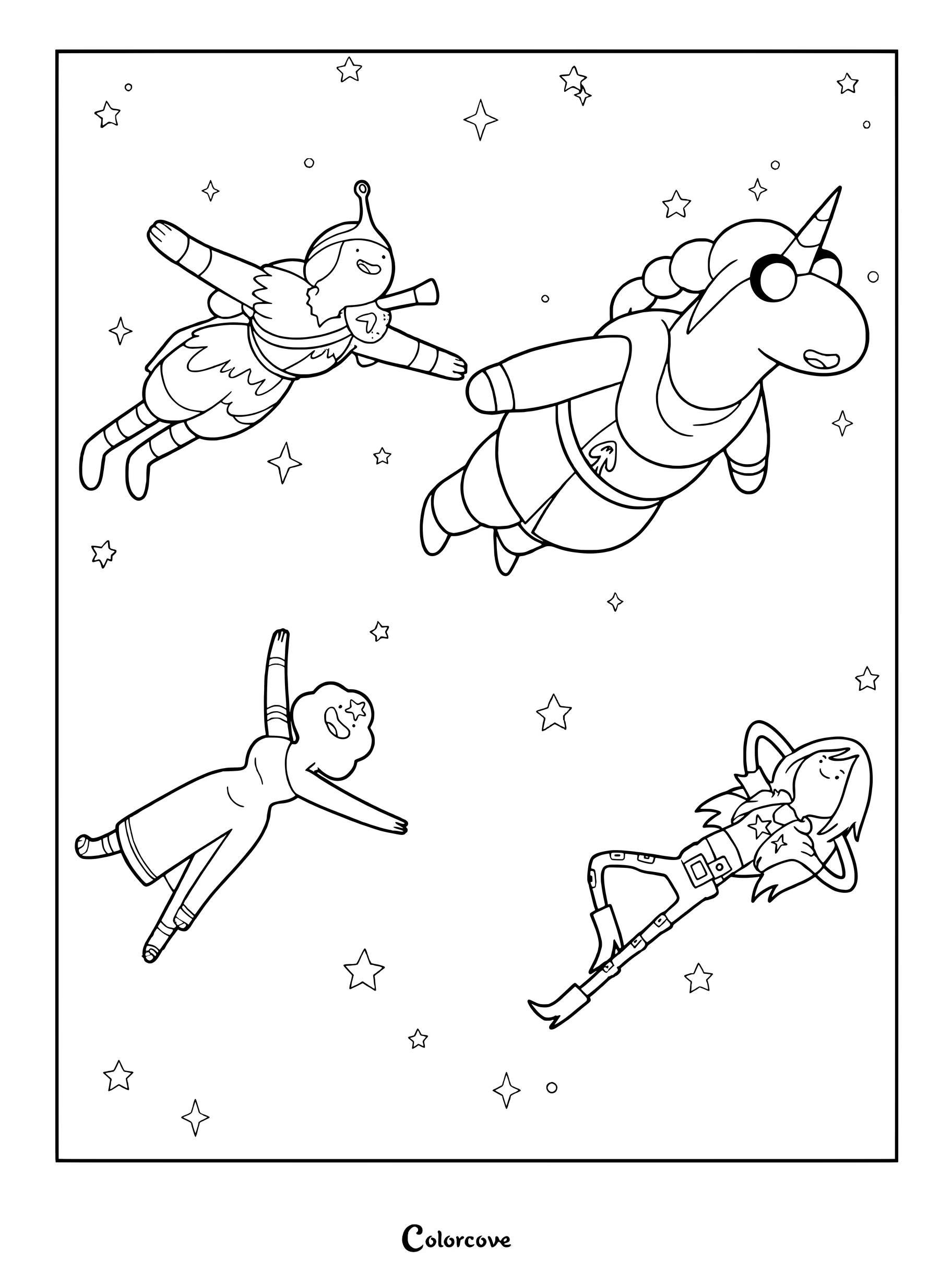 Detailed coloring page of Princess Bubblegum, Lady Rainicorn, Lumpy Space Princess, and Marceline from Game Night.