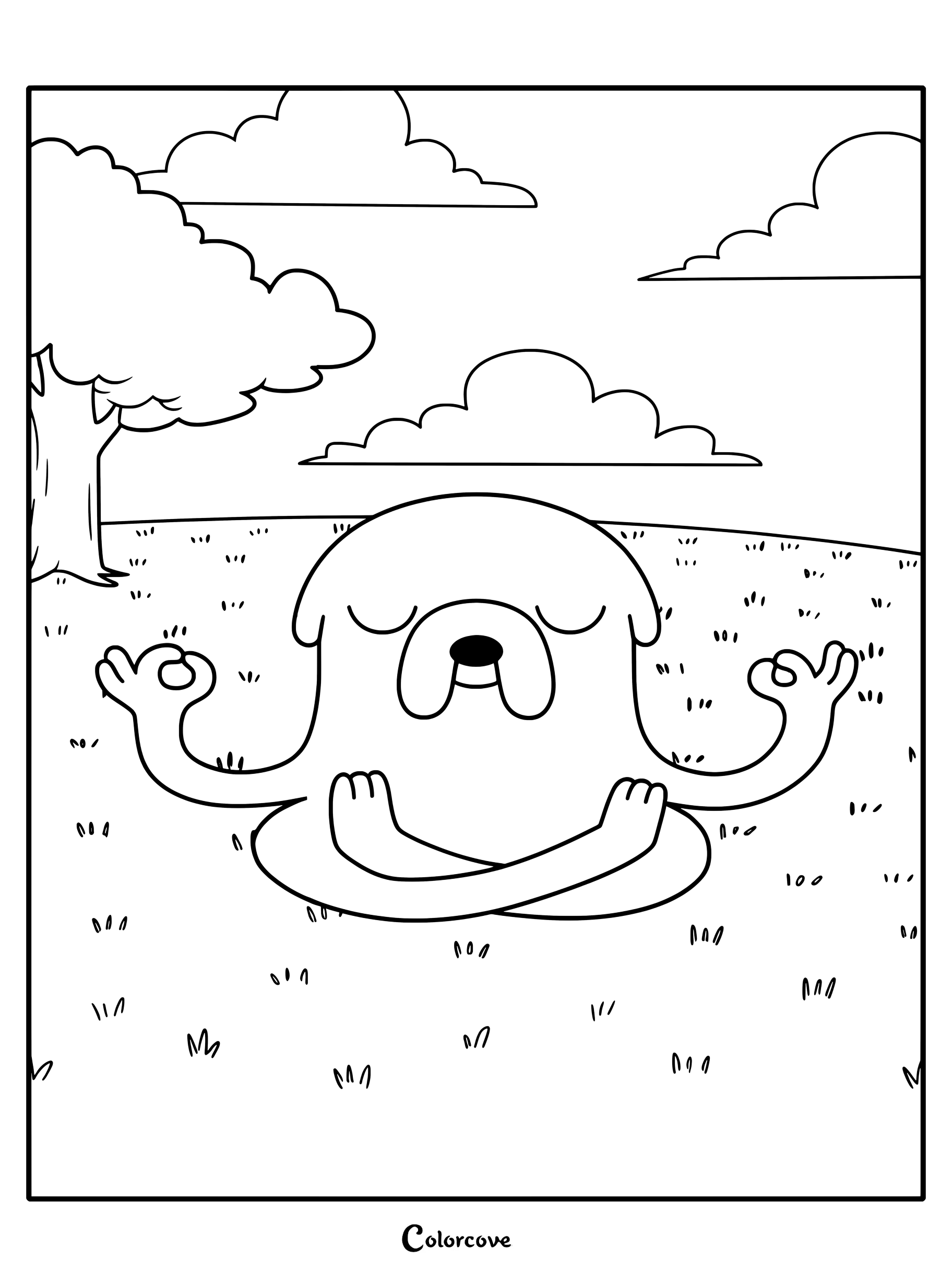 Simple coloring page of Jake the Dog from Adventure Time sitting in a peaceful lotus pose in a grassy field.