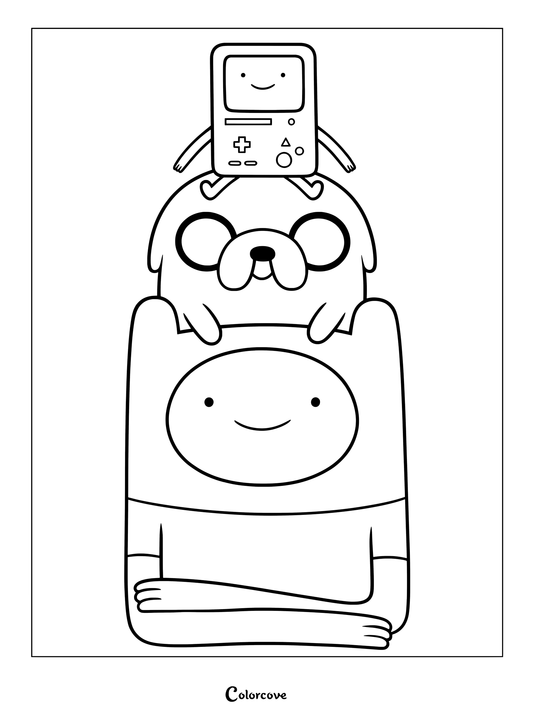 Simple coloring page of BMO, Jake, and Finn from Adventure Time stacked vertically on top of each other.