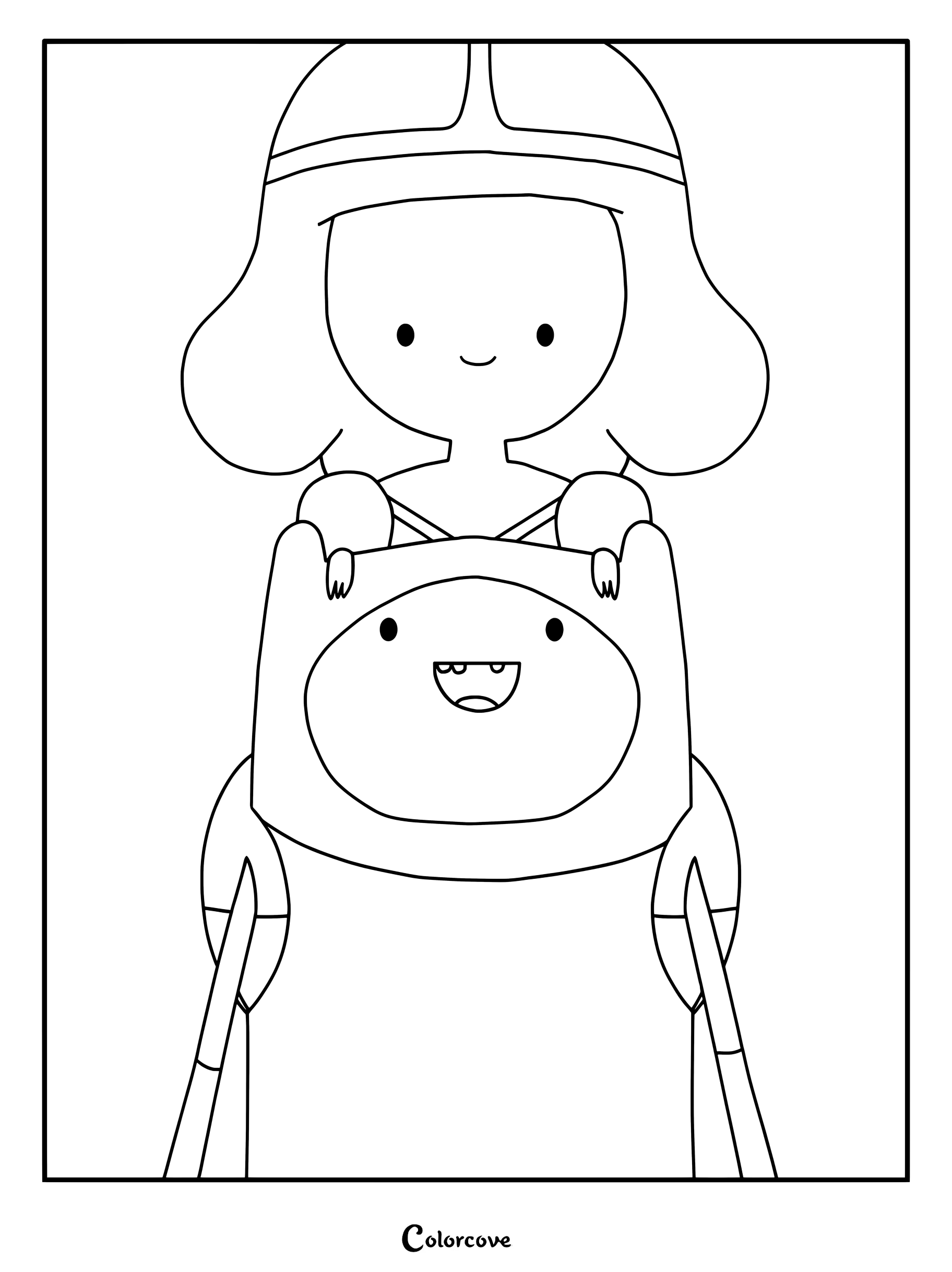 Simple coloring page of Finn the Human carrying Princess Bubblegum from Adventure Time.
