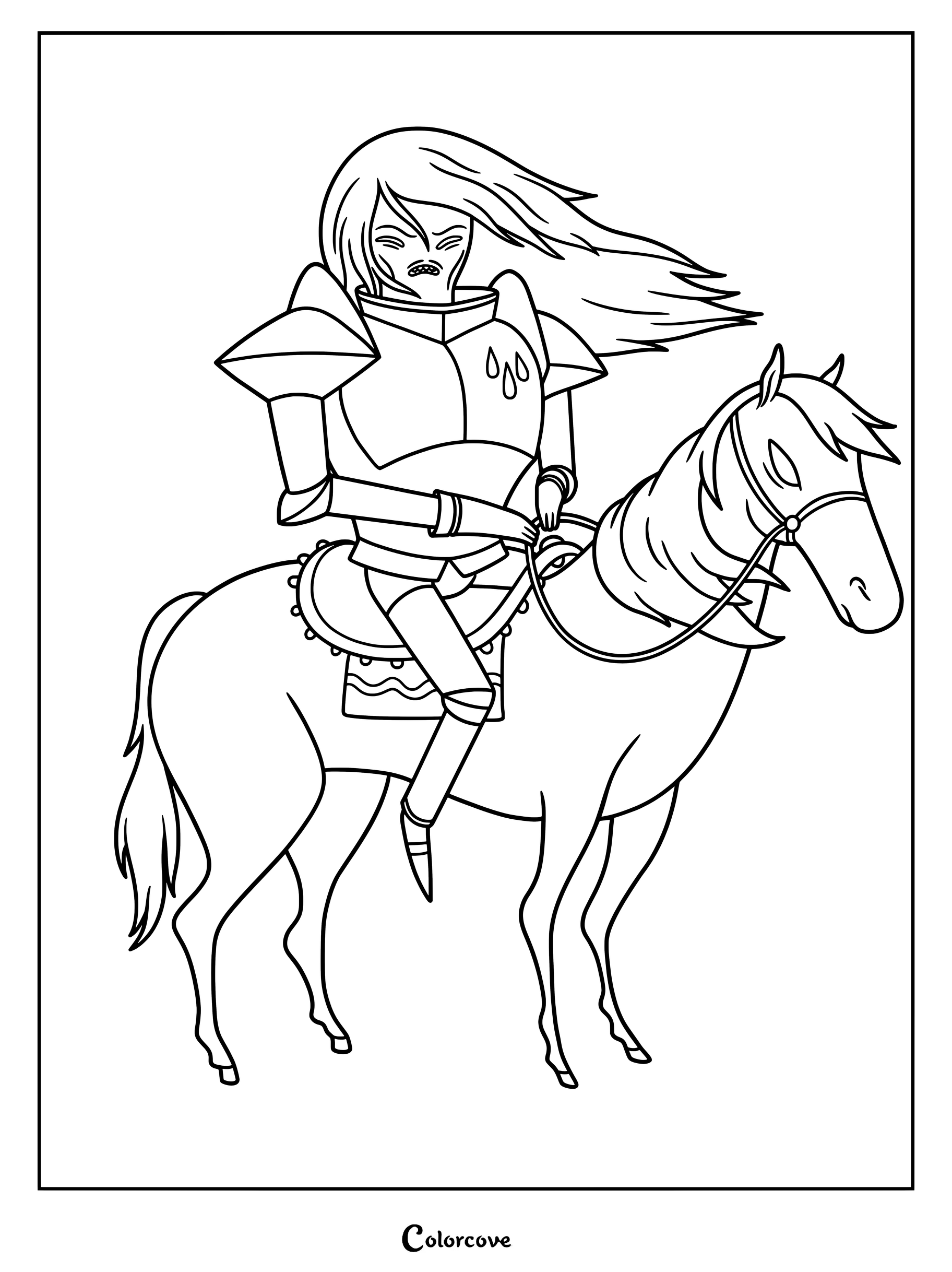Detailed coloring page of Sir Slicer from Adventure Time riding a horse in the episode Blood Under the Skin.