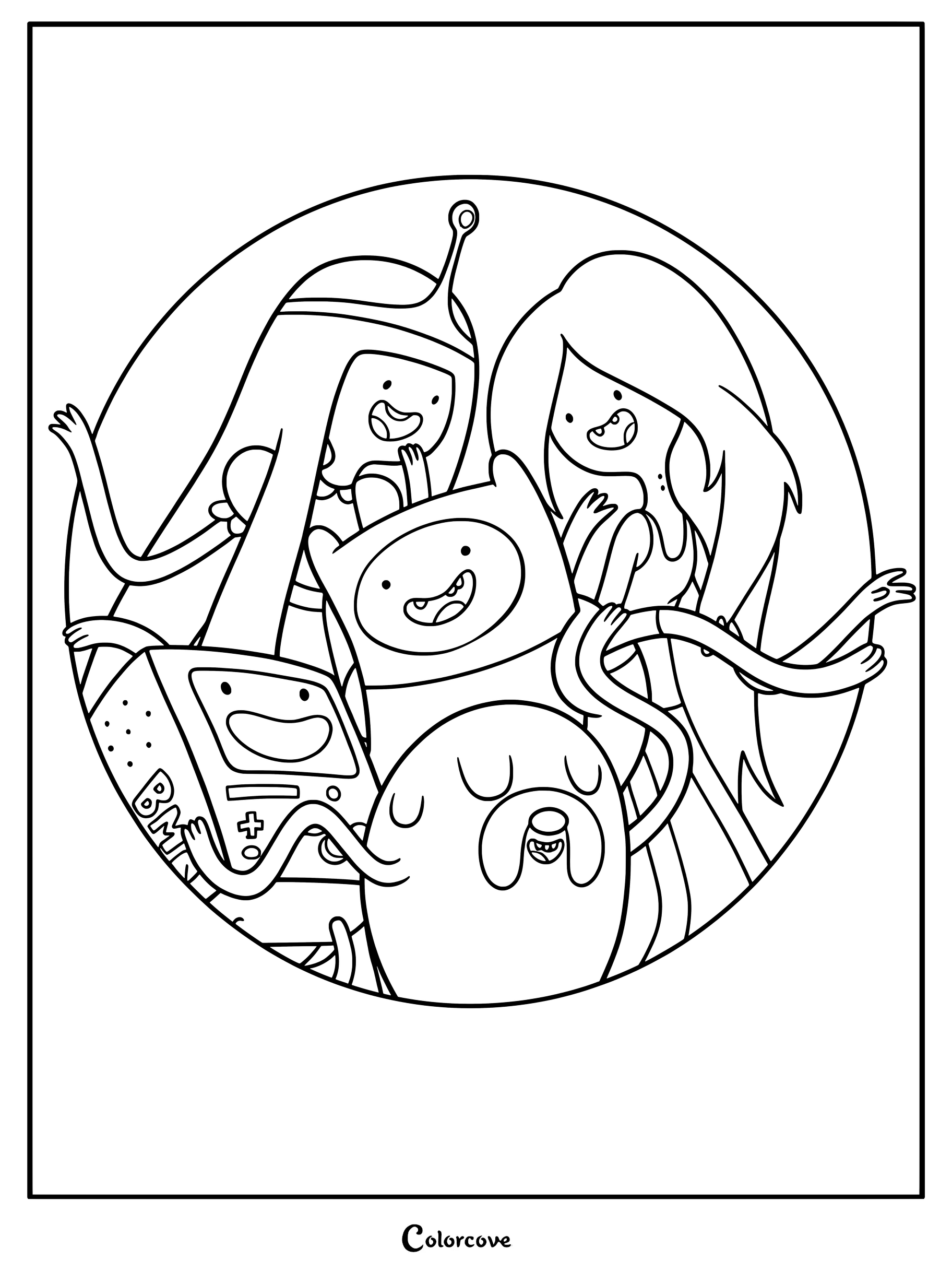 Medium difficulty coloring page featuring a round sticker of Finn, Jake, Princess Bubblegum, Marceline, and BMO.