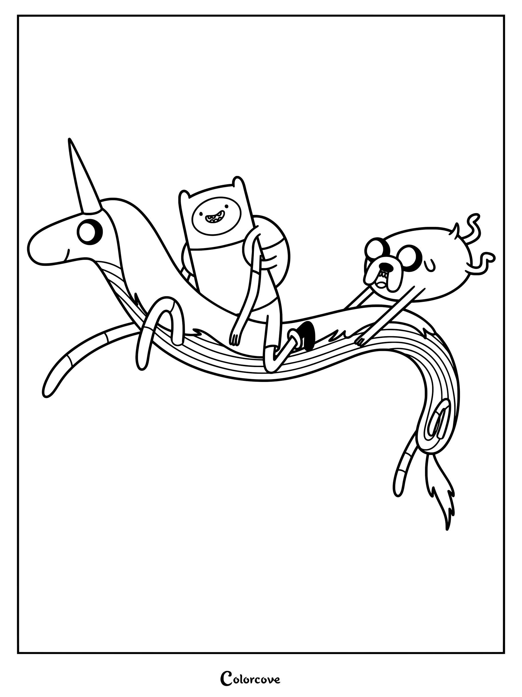 Simple coloring page featuring Finn, Jake, and Lady Rainicorn from Adventure Time flying together.