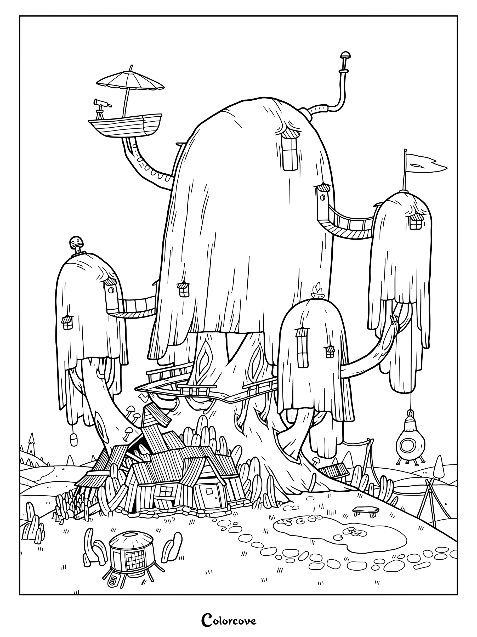 Detailed Adventure Time Tree Fort coloring page featuring the iconic multi-level treehouse home of Finn and Jake.