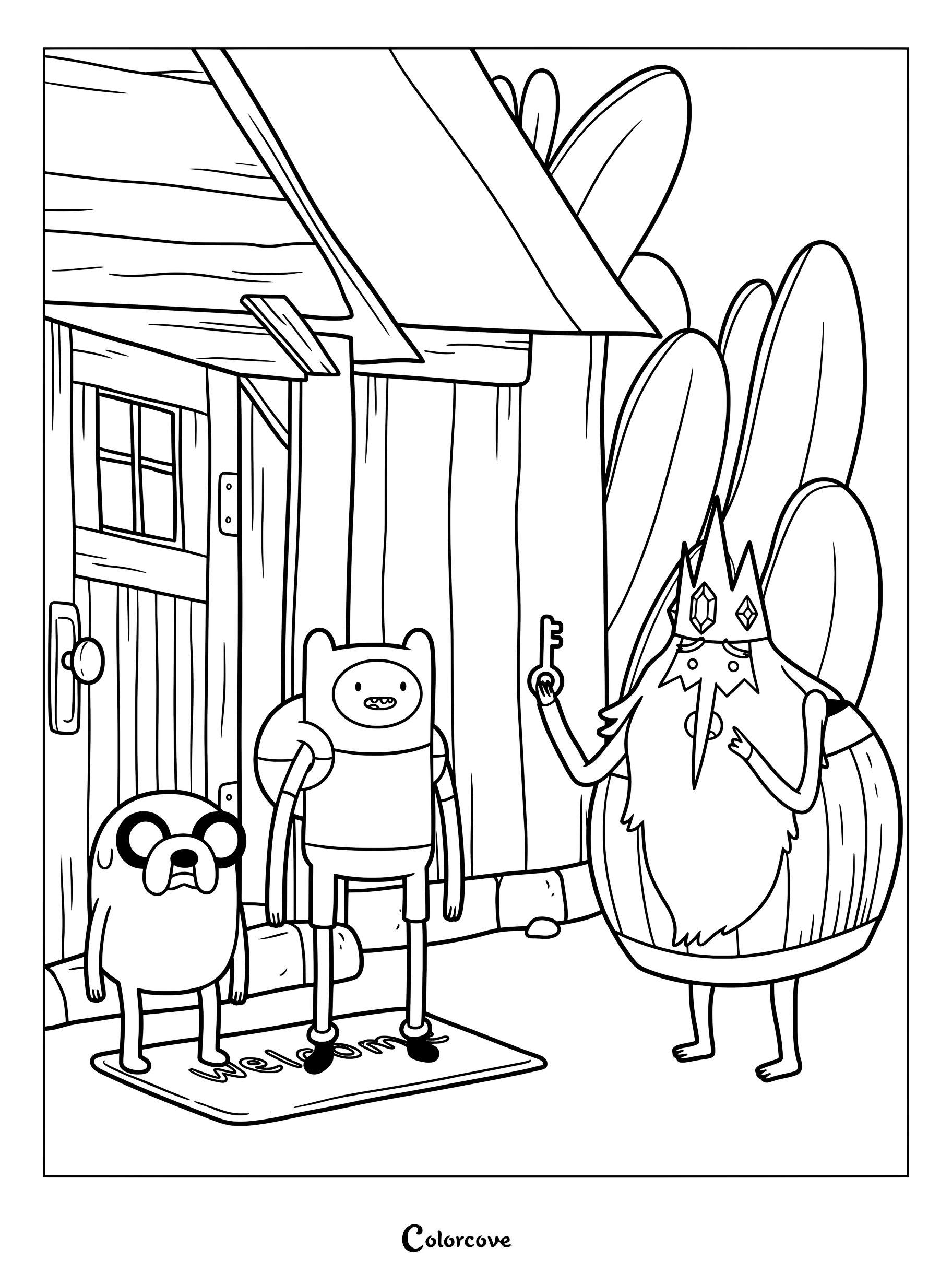Detailed coloring page of Finn the Human, Jake the Dog, and The Ice King holding a key outside a wooden house.