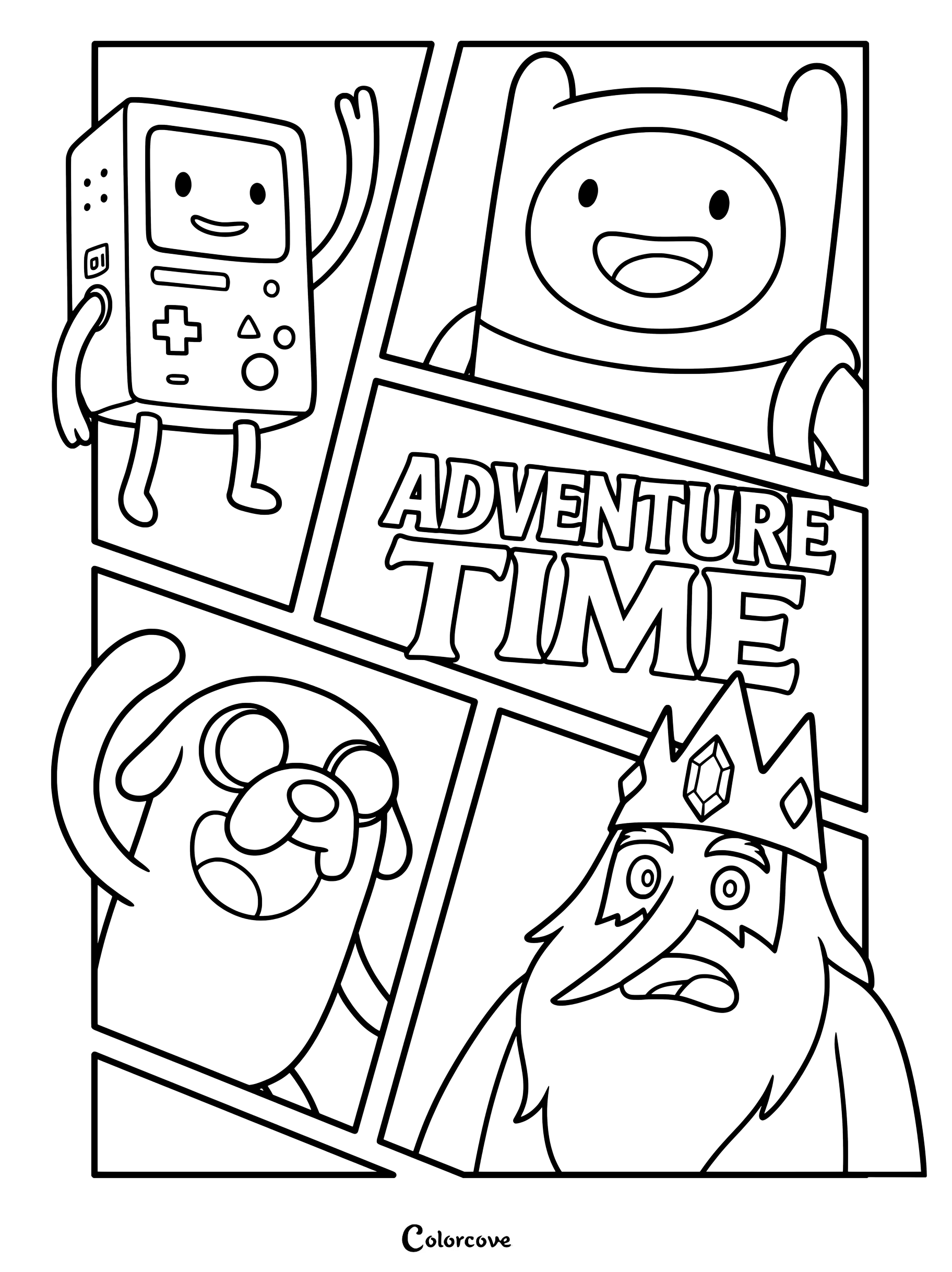 Coloriage Adventure Time représentant BMO, Finn l'humain, Jake le chien et Le Roi des Glaces dans des panneaux séparés.