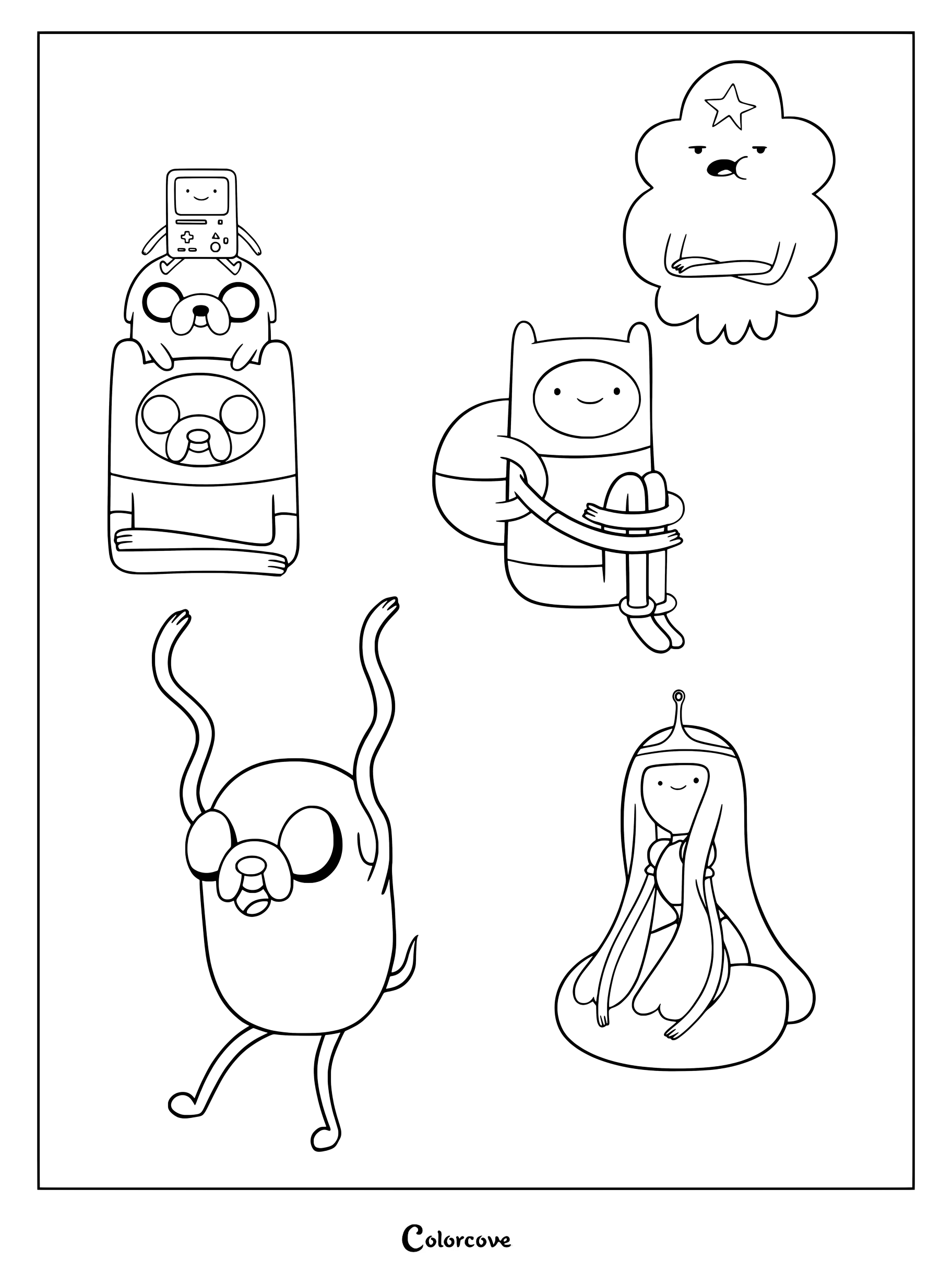 Medium difficulty coloring page featuring Finn, Jake, BMO, Princess Bubblegum, and Lumpy Space Princess.