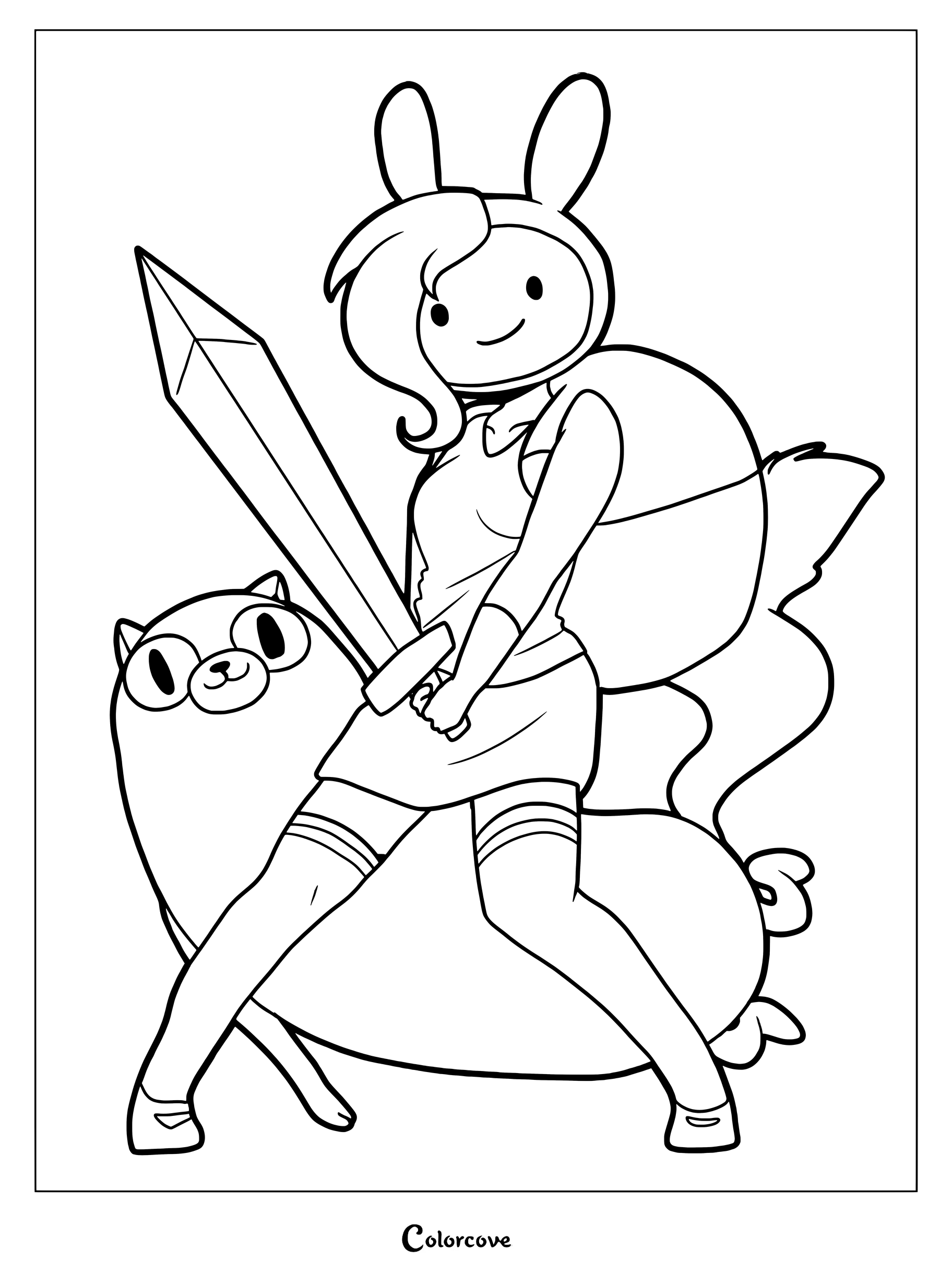 Simple coloring page of Fionna holding a sword while riding on Cake the cat in an action pose.