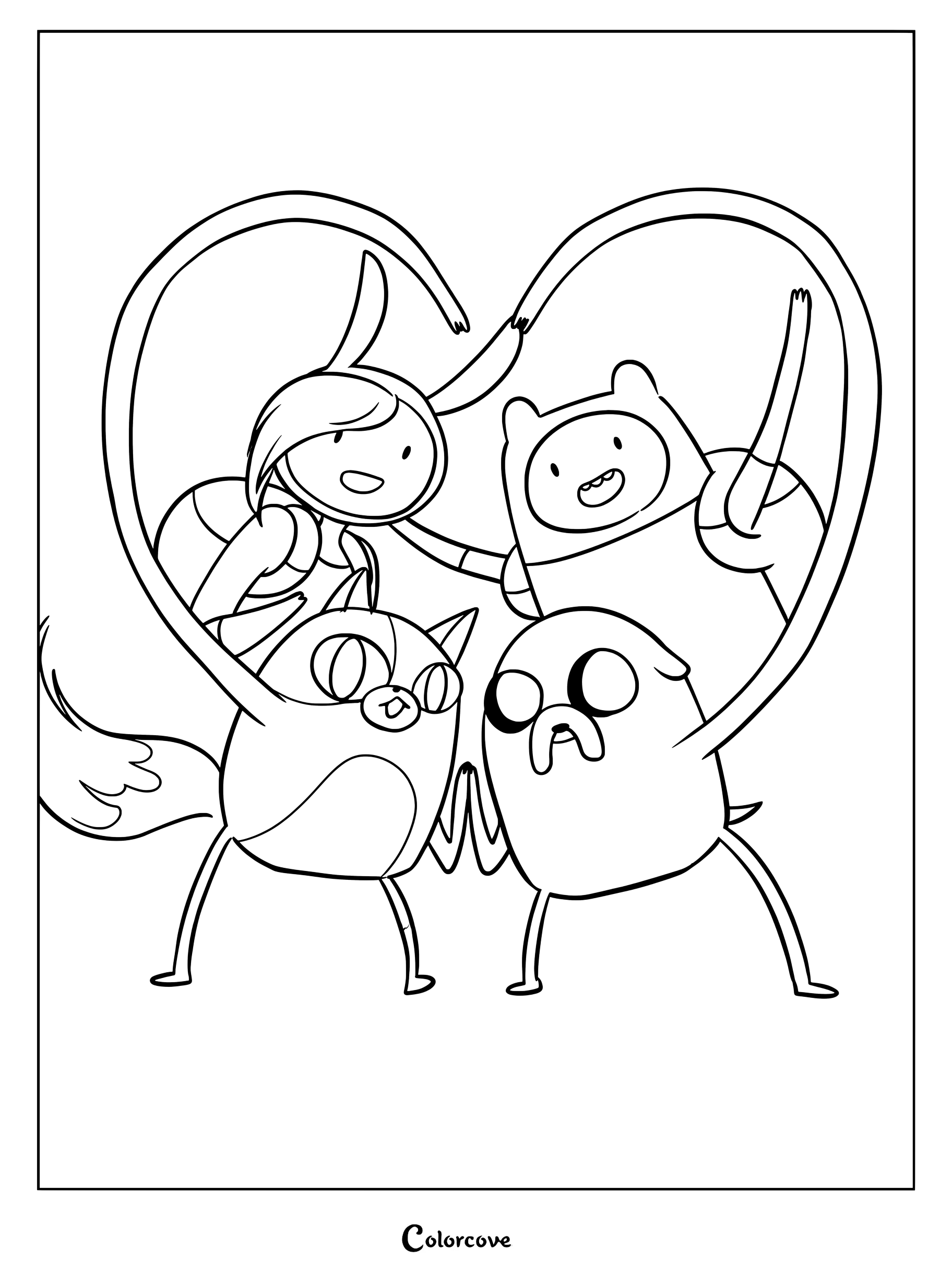 Fionna and Cake alongside Finn and Jake forming a heart shape in this medium difficulty Adventure Time coloring page.