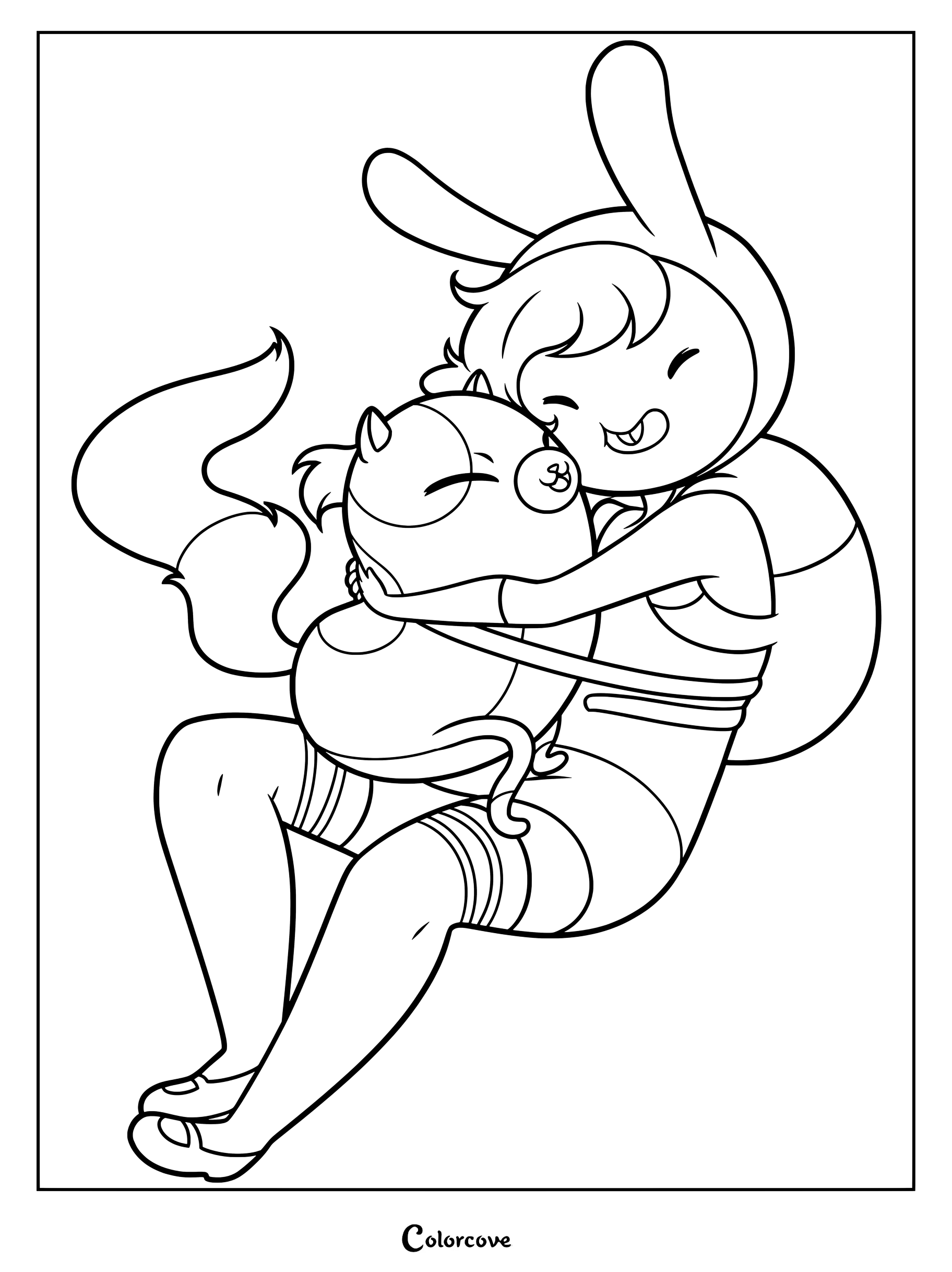 Medium difficulty coloring page of Fionna the Human happily hugging her cat Cake in a sweet embrace.