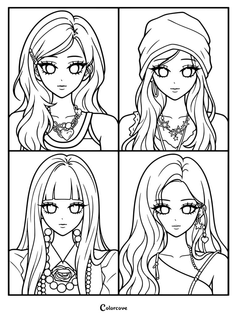 Página para colorear de aespa con cuatro paneles de retratos individuales de chicas con estilo y accesorios detallados.
