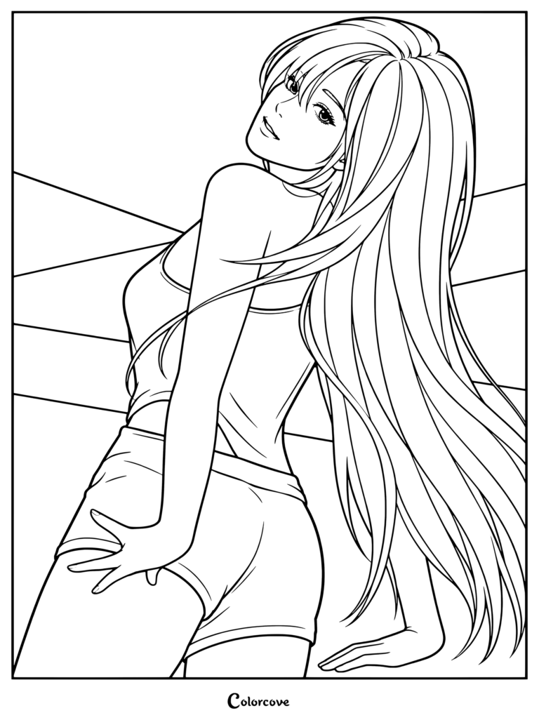 Página para colorear de fan art digital de Giselle del grupo de K-pop aespa con cabello rosa, posando de forma dinámica.