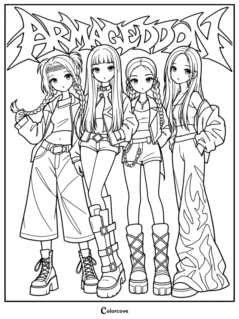 Página para colorear con ilustración de fan art estilo anime del grupo de K-pop aespa con el vestuario de su era Armageddon.