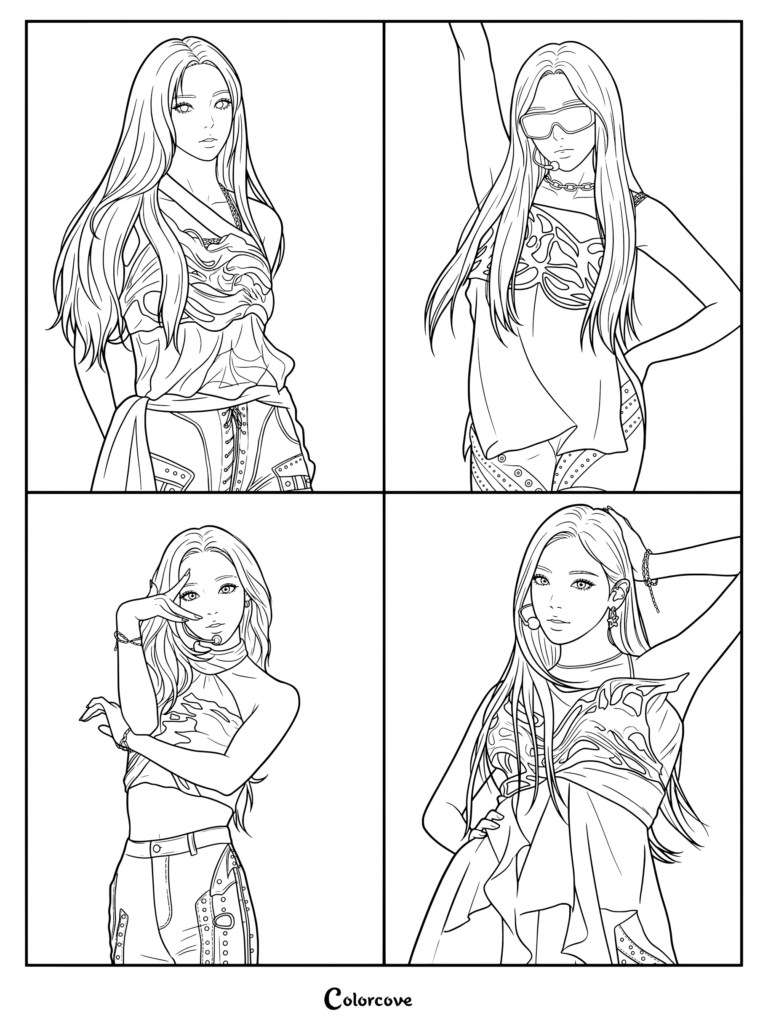 Una página para colorear e imprimir del grupo femenino de K-pop aespa durante su era Whiplash, mostrando a Karina, Winter, Giselle y Ningning con elegantes atuendos negros y detalles metálicos.