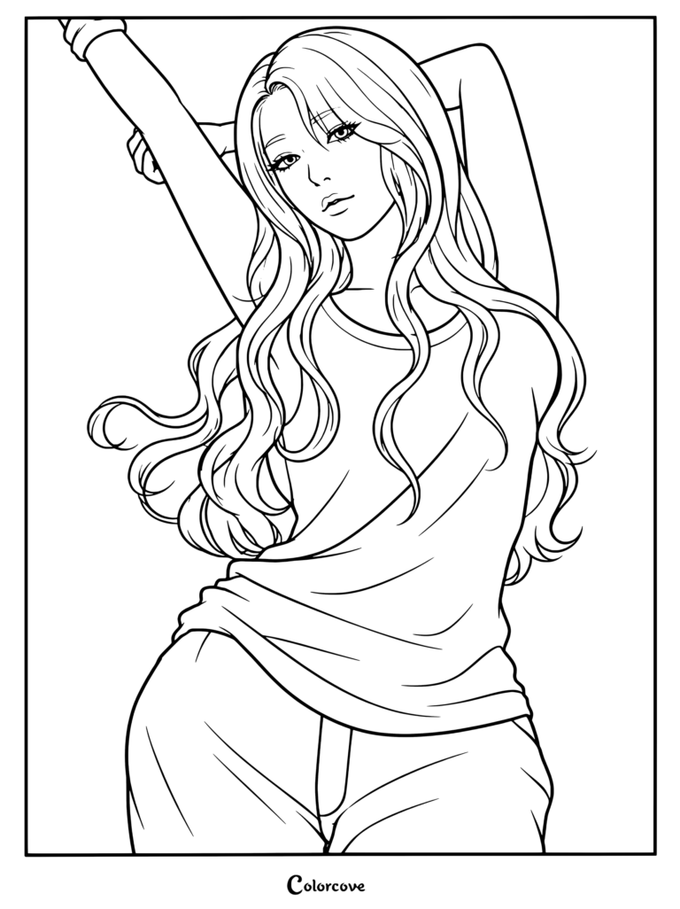 Página para colorear para fans de Giselle del grupo de K-pop aespa con cabello rosa, camiseta gris de tirantes y pantalones de camuflaje.
