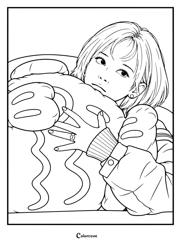 Una página para colorear detallada de Winter de aespa abrazando un gran peluche en el evento de firma de fans Dear My Muse.