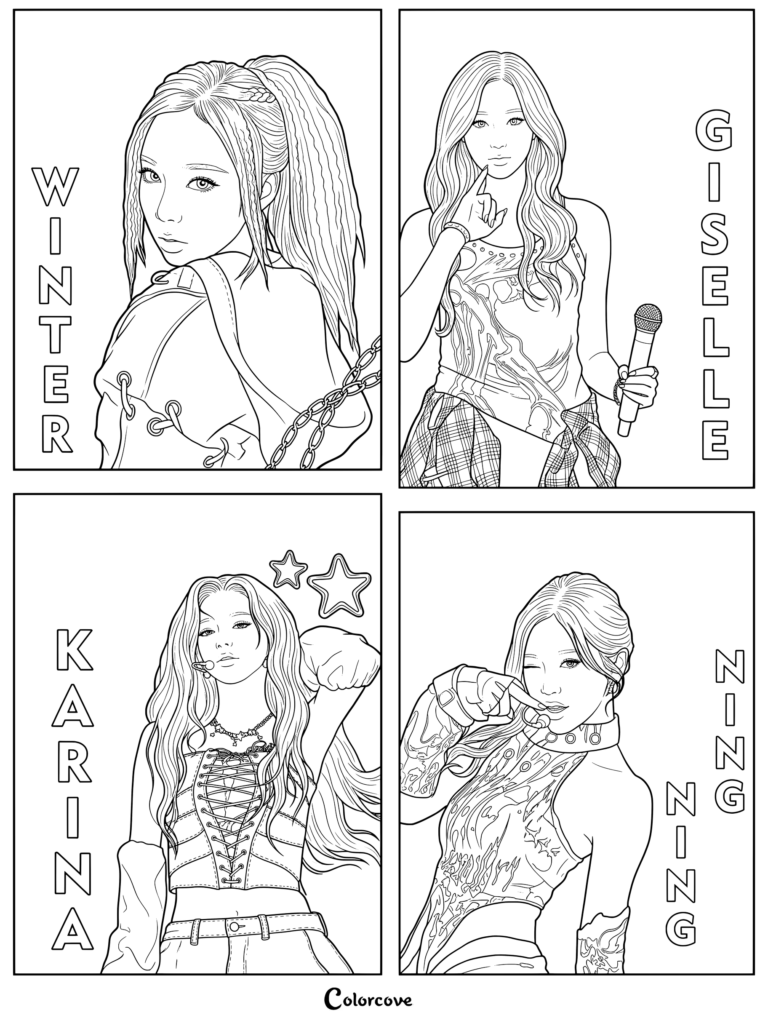 Una página para colorear estética de cuatro paneles del grupo femenino de K-pop aespa con las integrantes Winter, Giselle, Karina y Ningning.