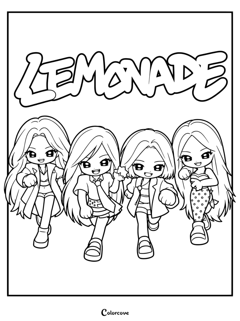 Página para colorear de Lemonade de aespa con ilustraciones chibi estilizadas de las integrantes del grupo de K-pop corriendo juntas.