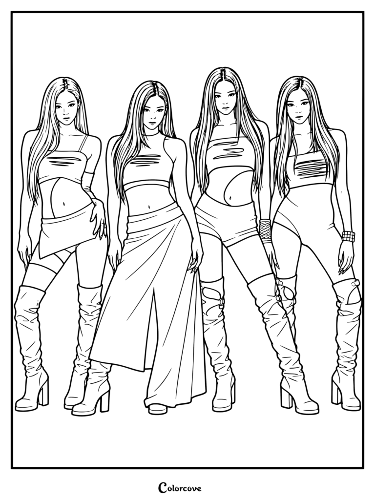 Una página para colorear detallada del grupo femenino surcoreano de K-pop aespa durante su era promocional de su segundo álbum completo, Lemonade.