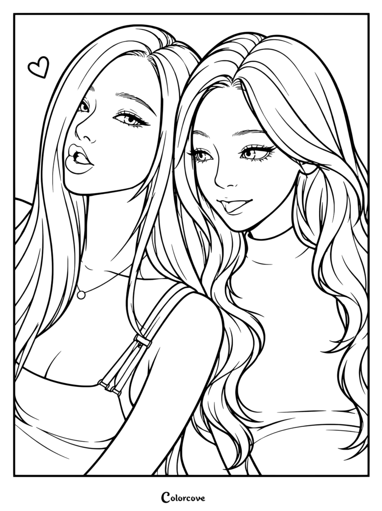 Página para colorear que presenta un fan art digital de Ningning y Giselle conocidas como NingSelle.