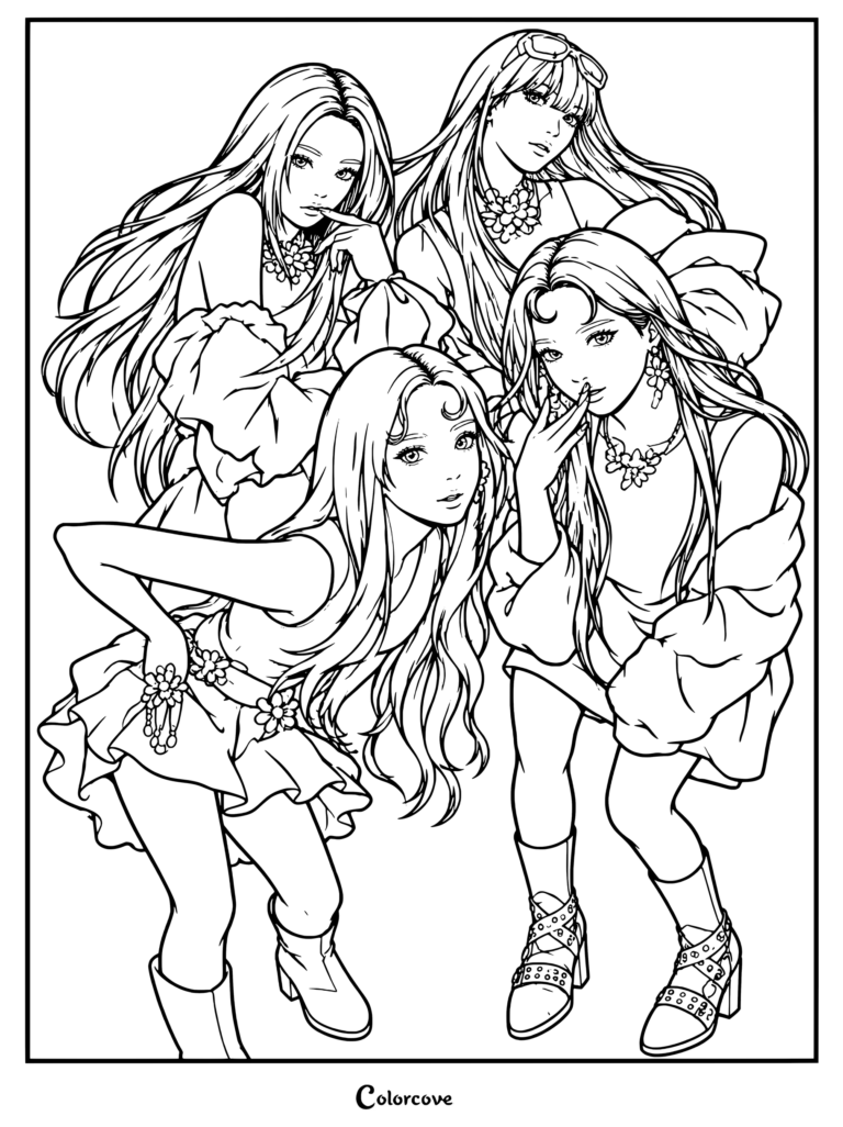 Página para colorear de ilustración de fan art digital del grupo femenino de K-pop aespa inspirada en su era Armageddon Supernova