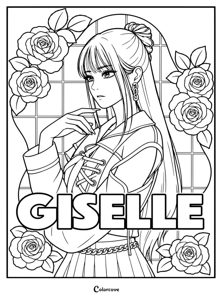 Página para colorear detallada de Giselle de aespa con una camiseta con cordones rodeada de rosas.