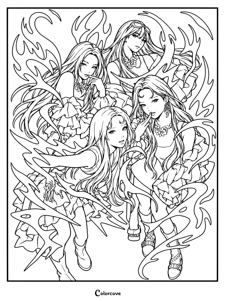 Página para colorear detallada con el grupo femenino de K-pop aespa en una ilustración de fan art digital inspirada en su era Armageddon.